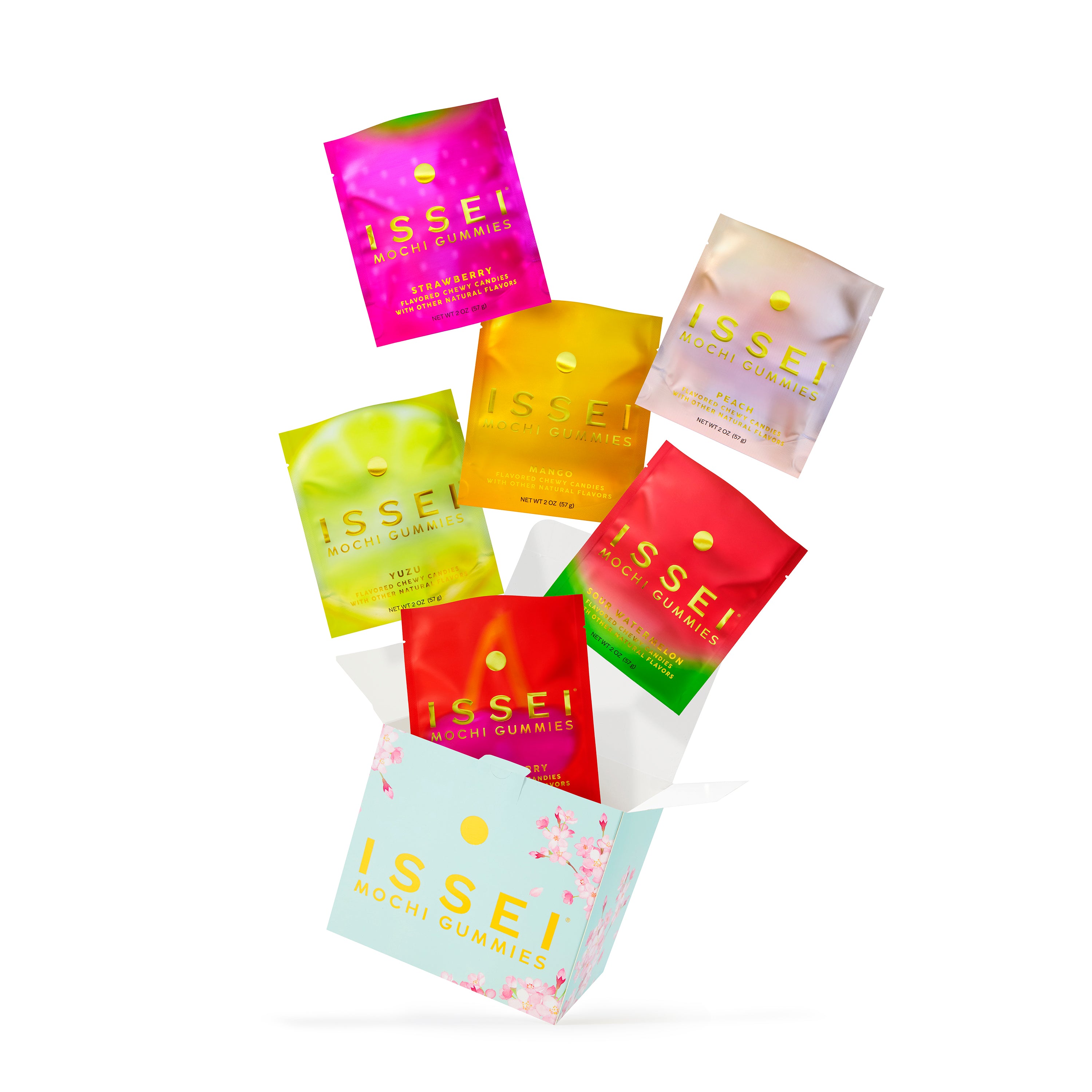 Assorted colorful packs of Issei mochi gummies blue cherry blossom box on a white background