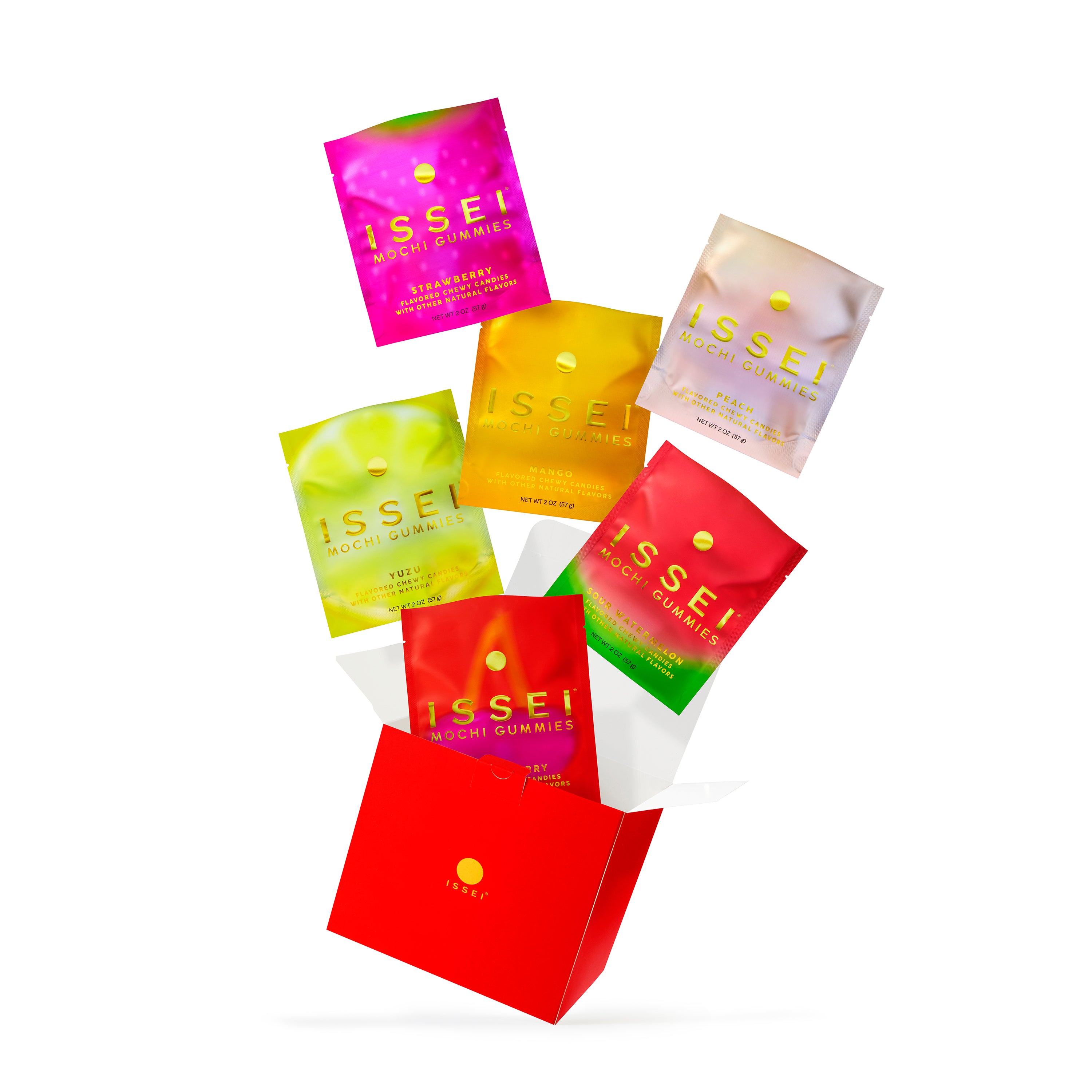 Assorted colorful packets of ISSEI gummies in a red box on a white background