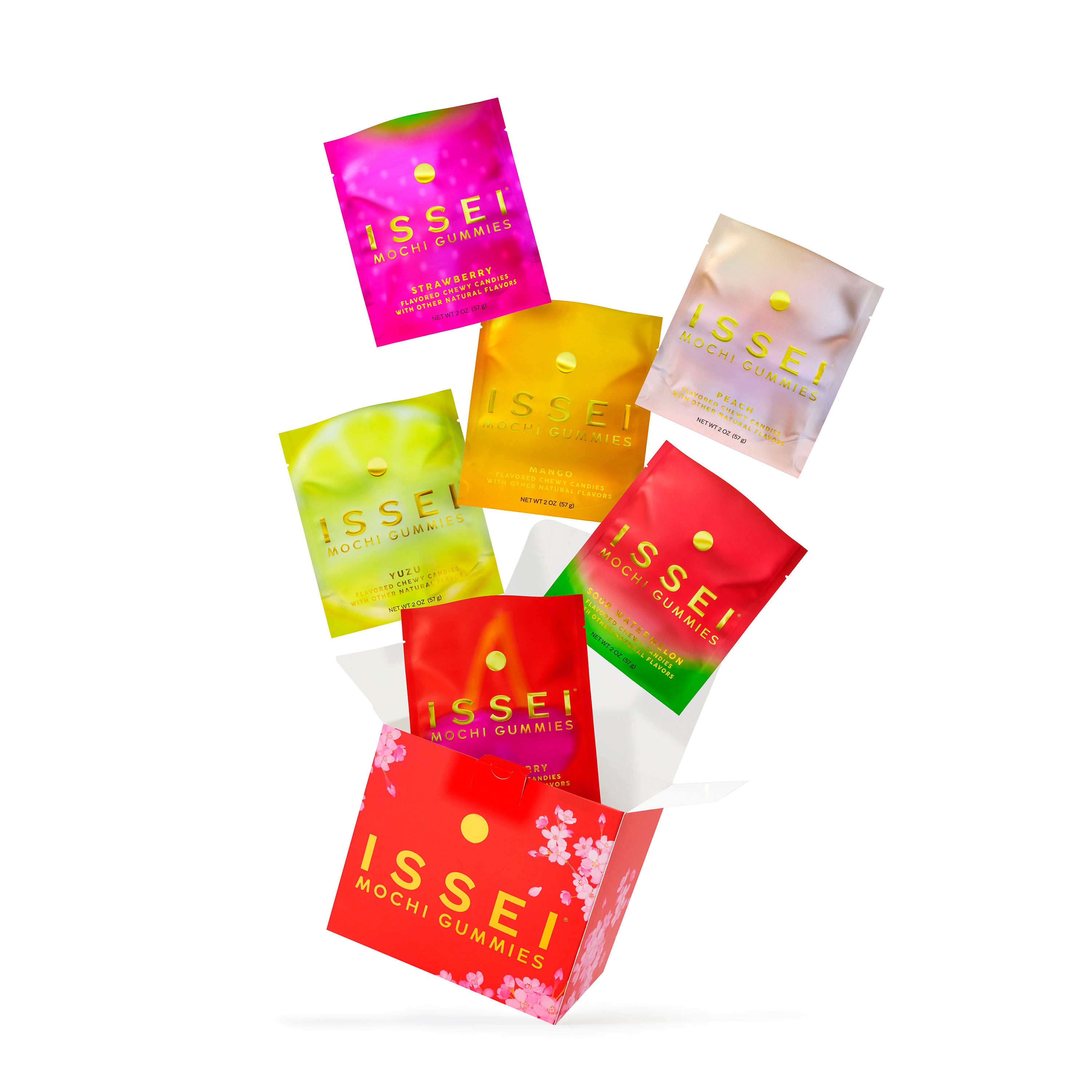 Assorted colorful packs of Issei mochi gummies red cherry blossom box on a white background