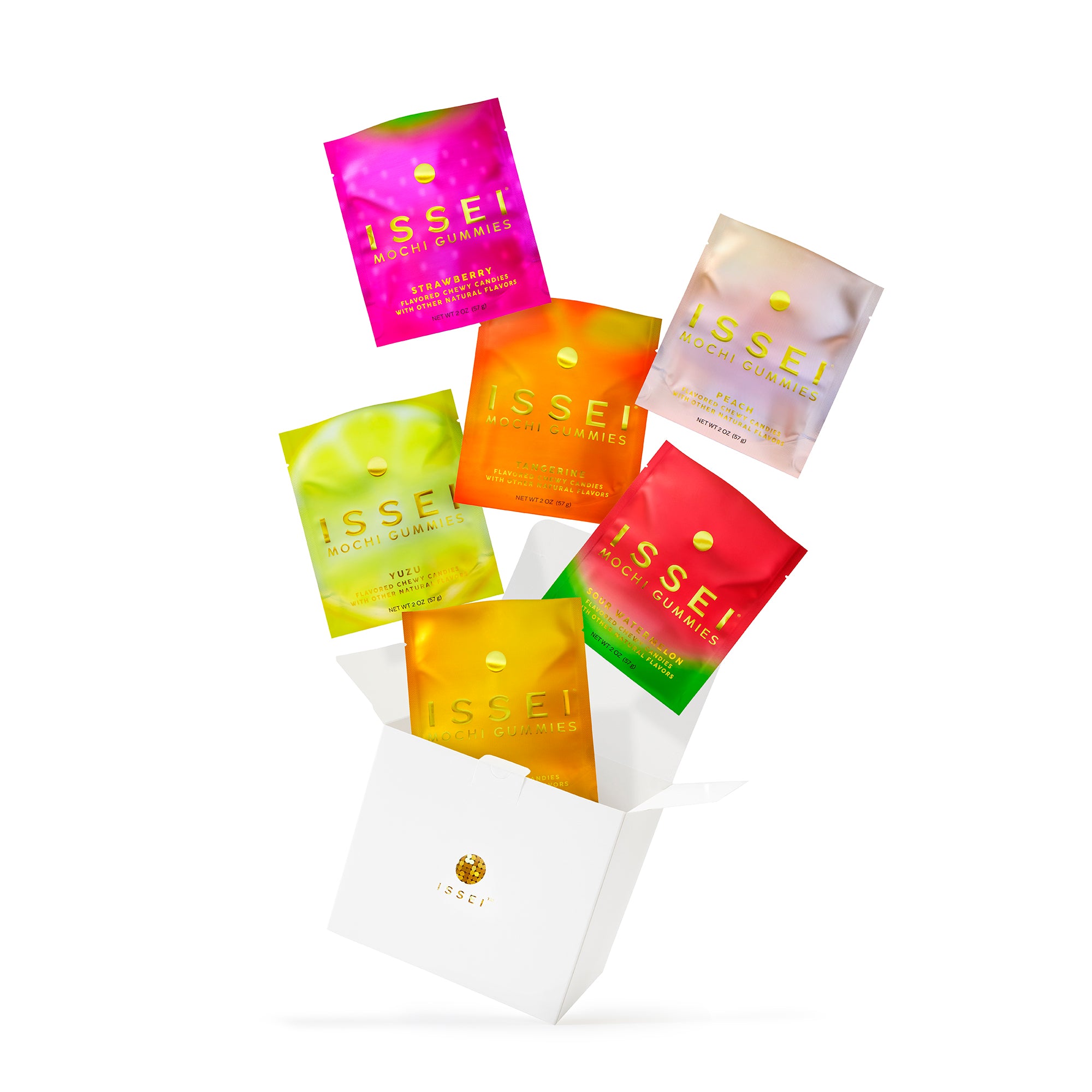 Set of colorful 'Issei' pouches on a white background