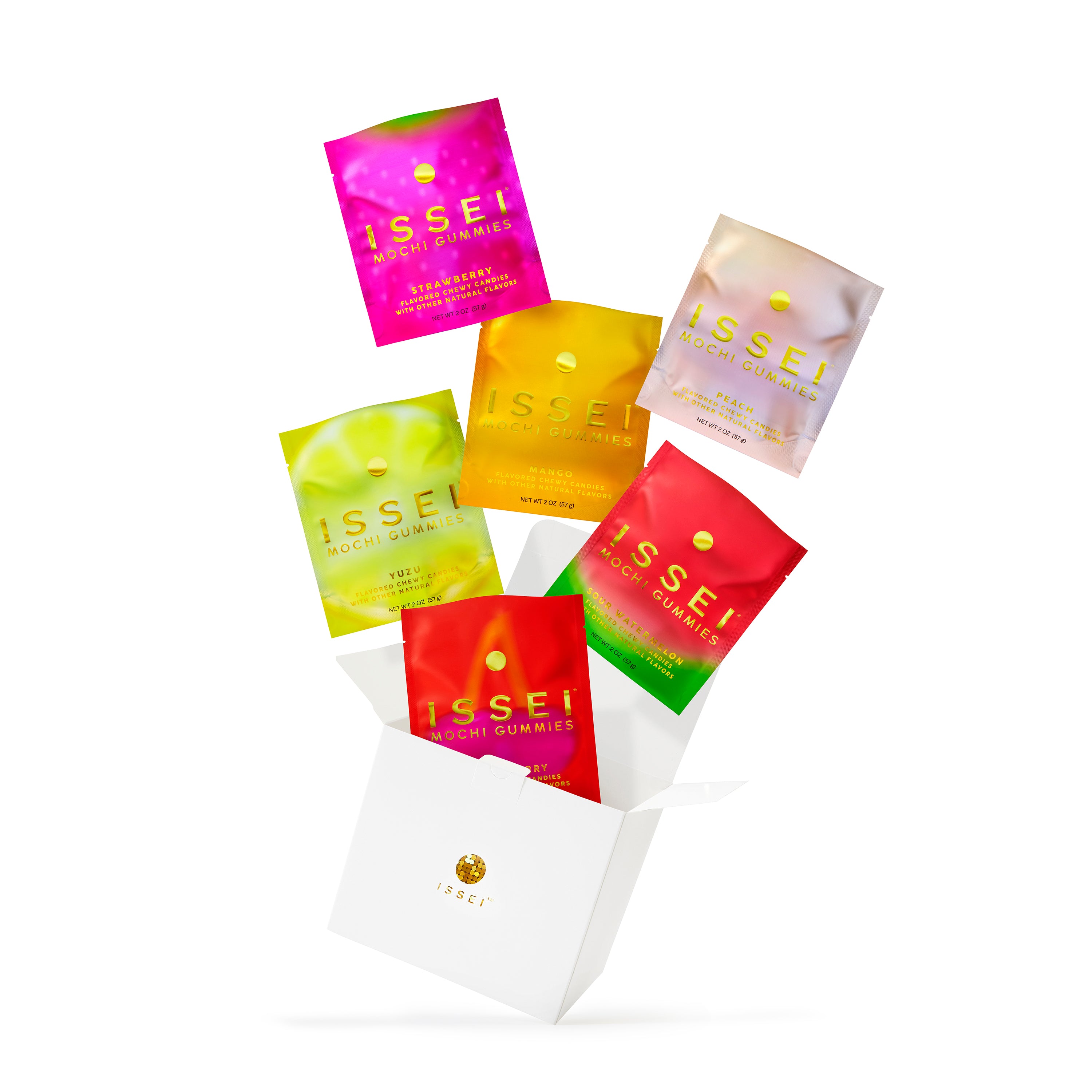 Assorted colorful packs of Issei mochi gummies white box on a white background