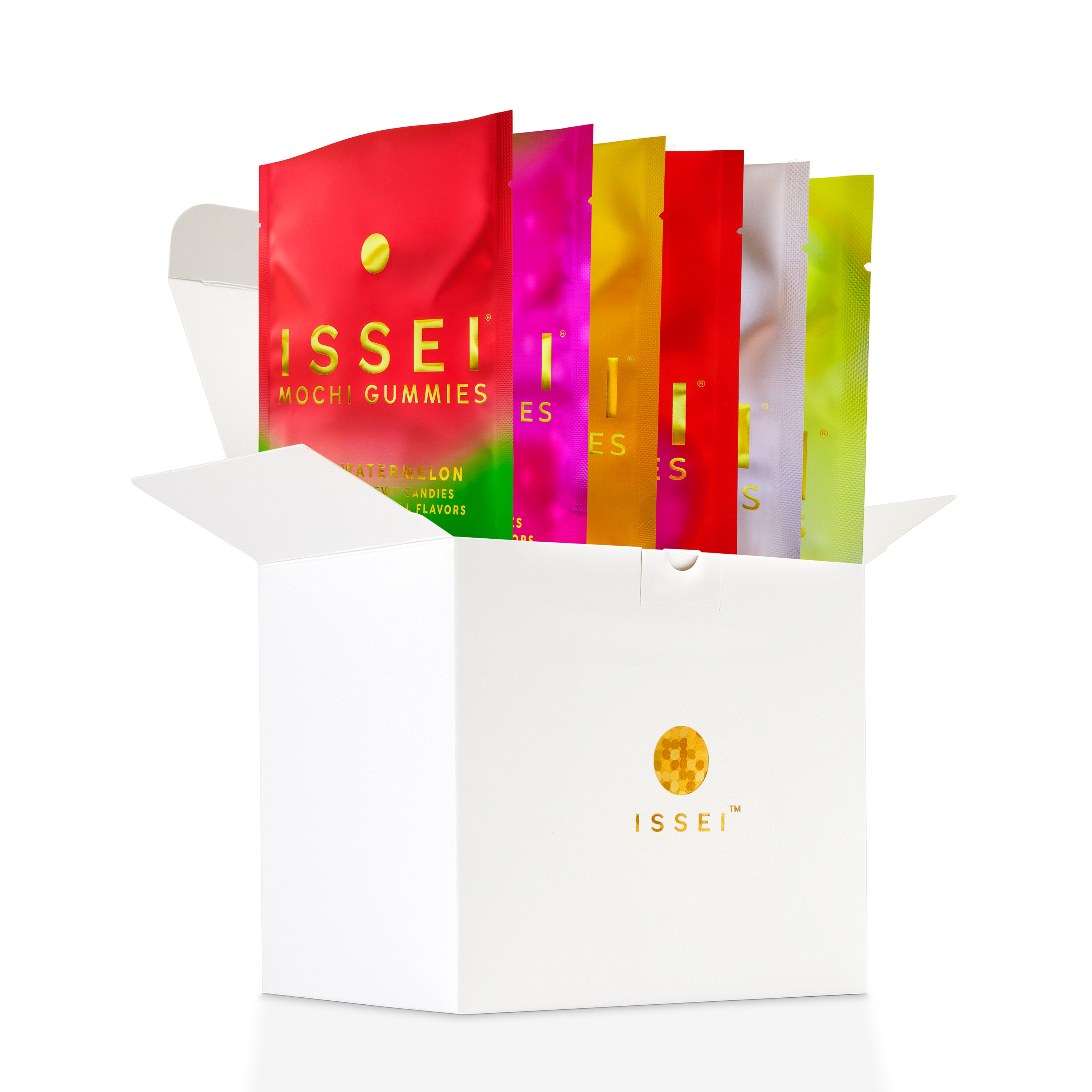 Assorted colorful packs of Issei mochi gummies white box on a white background