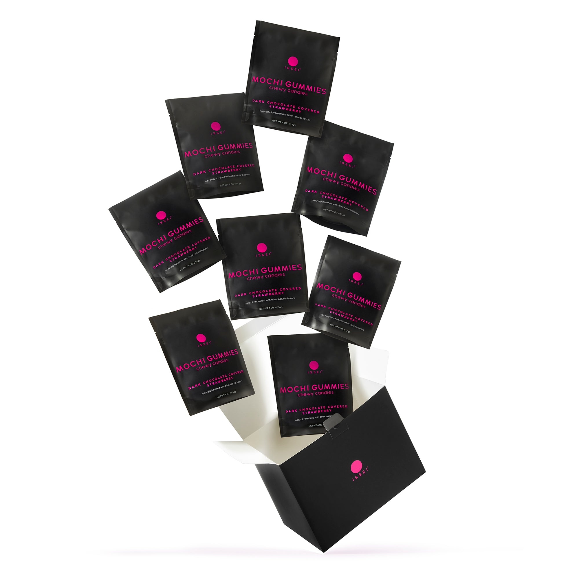 An 8-count box of 4 oz packages of Issei Mochi Gummies with the flavor Dark Chocolate Covered Strawberry. The packaging is black with pink text
