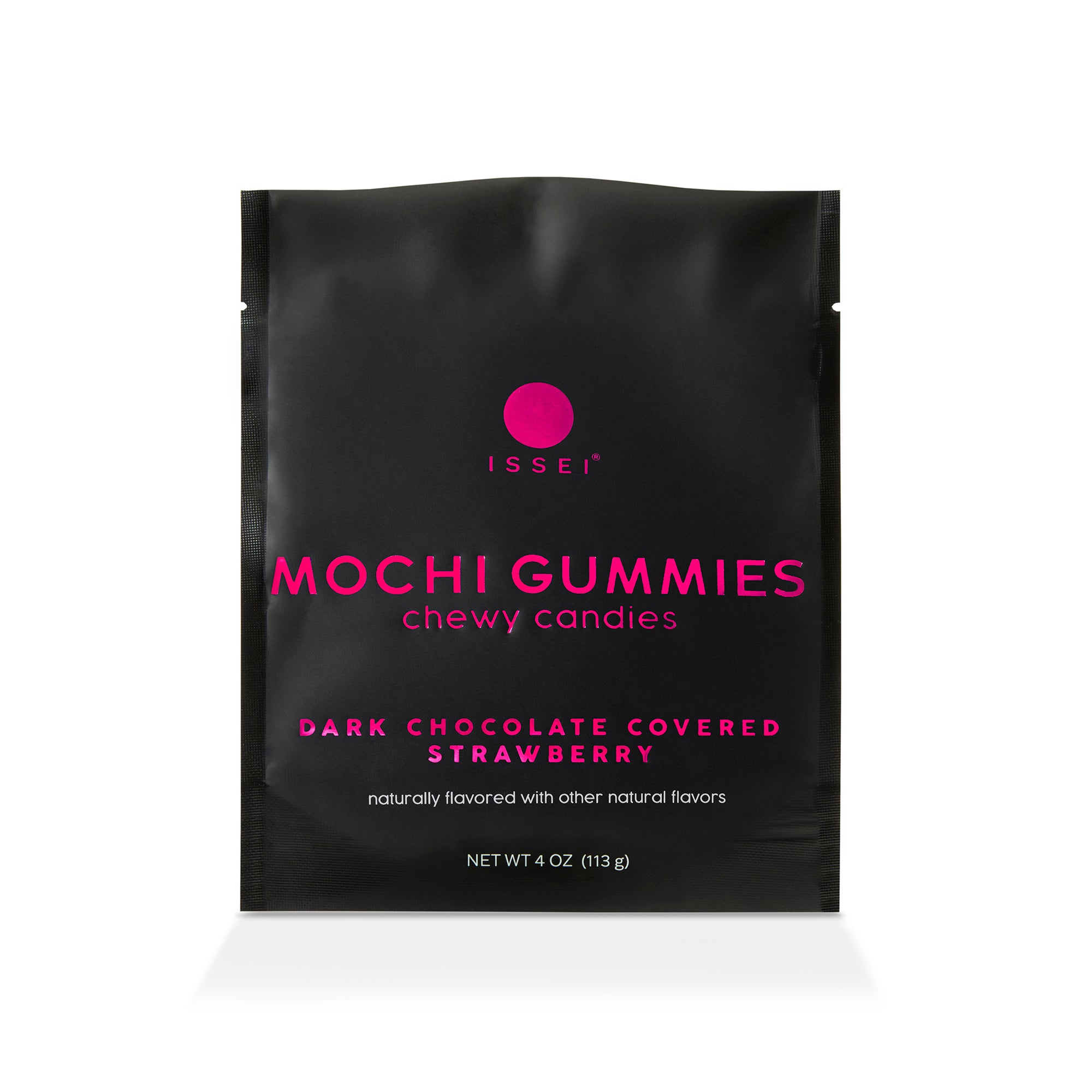 Issei Dark Chocolate Covered Strawberry Mochi Gummies with black and pink packaging on white background