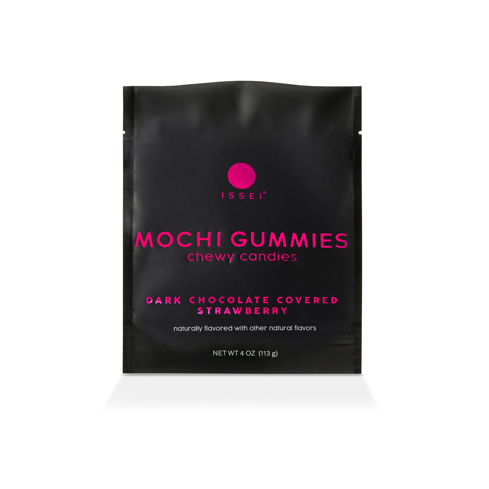Issei Dark Chocolate Covered Strawberry Mochi Gummies with black and pink packaging on white background