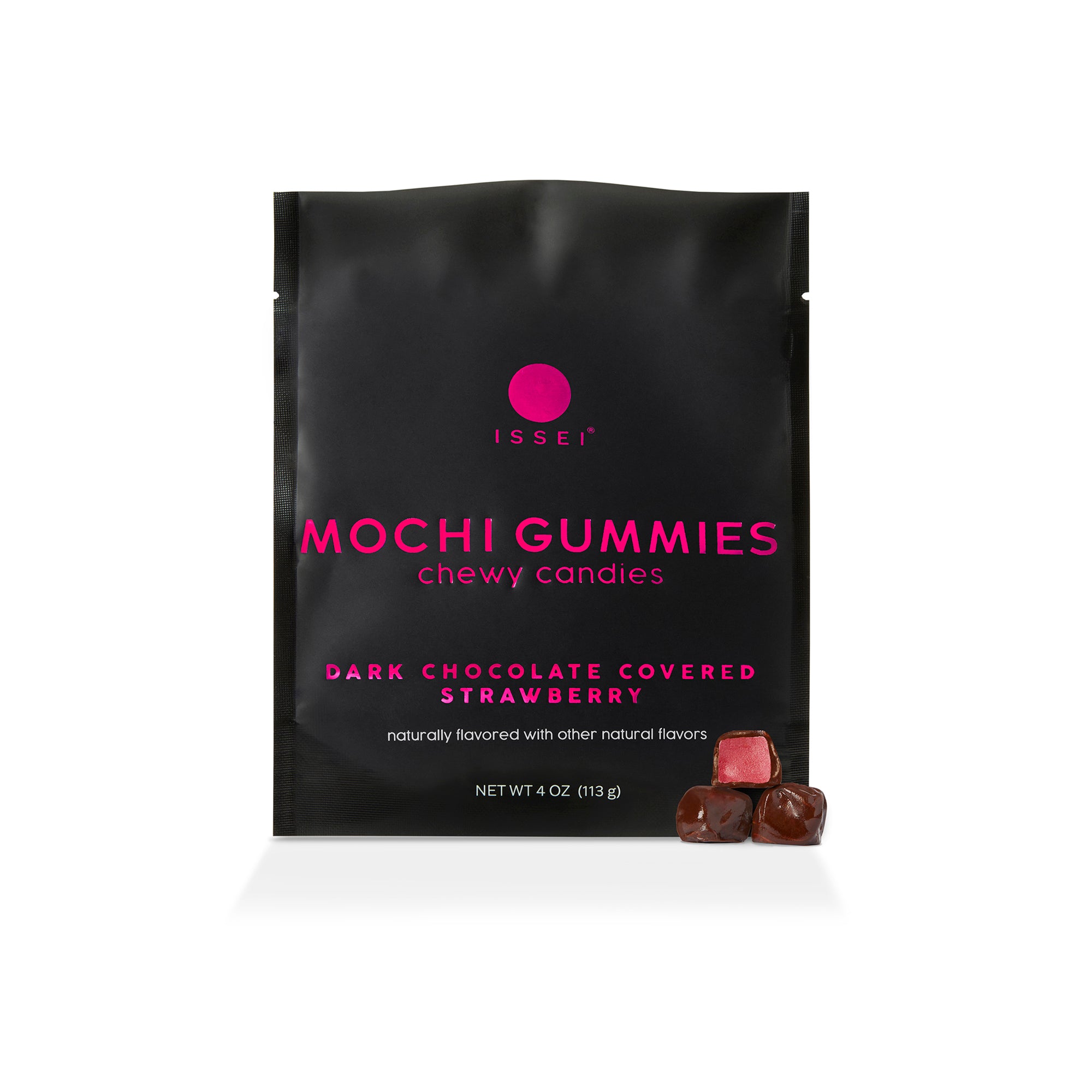 Issei Dark Chocolate Covered Strawberry Mochi Gummies with black and pink packaging on white background