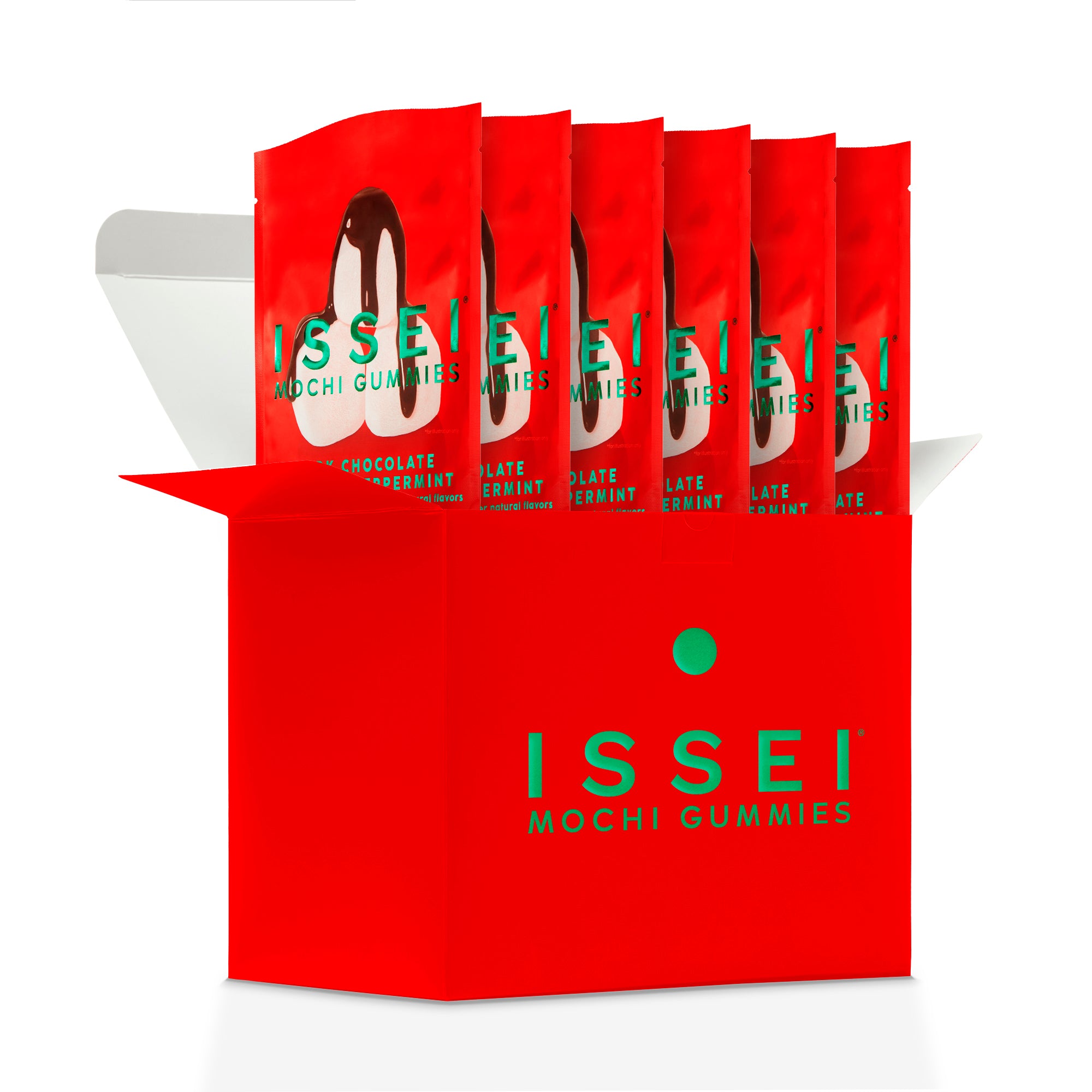 Red packaging of ISSEI Mochi Gummies Dark Chocolate Covered Peppermint with multiple packs on a white background