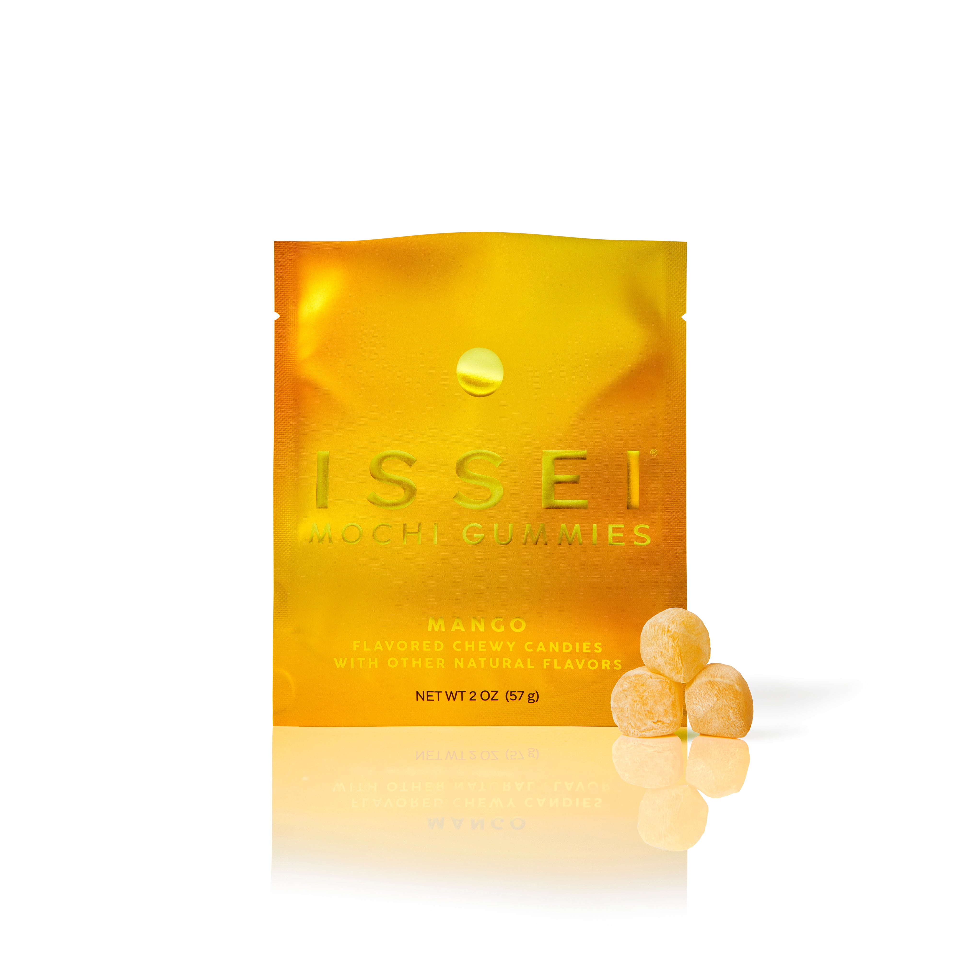 Light orange package of 2 oz Issei Mochi Gummies Mango flavor on a white background