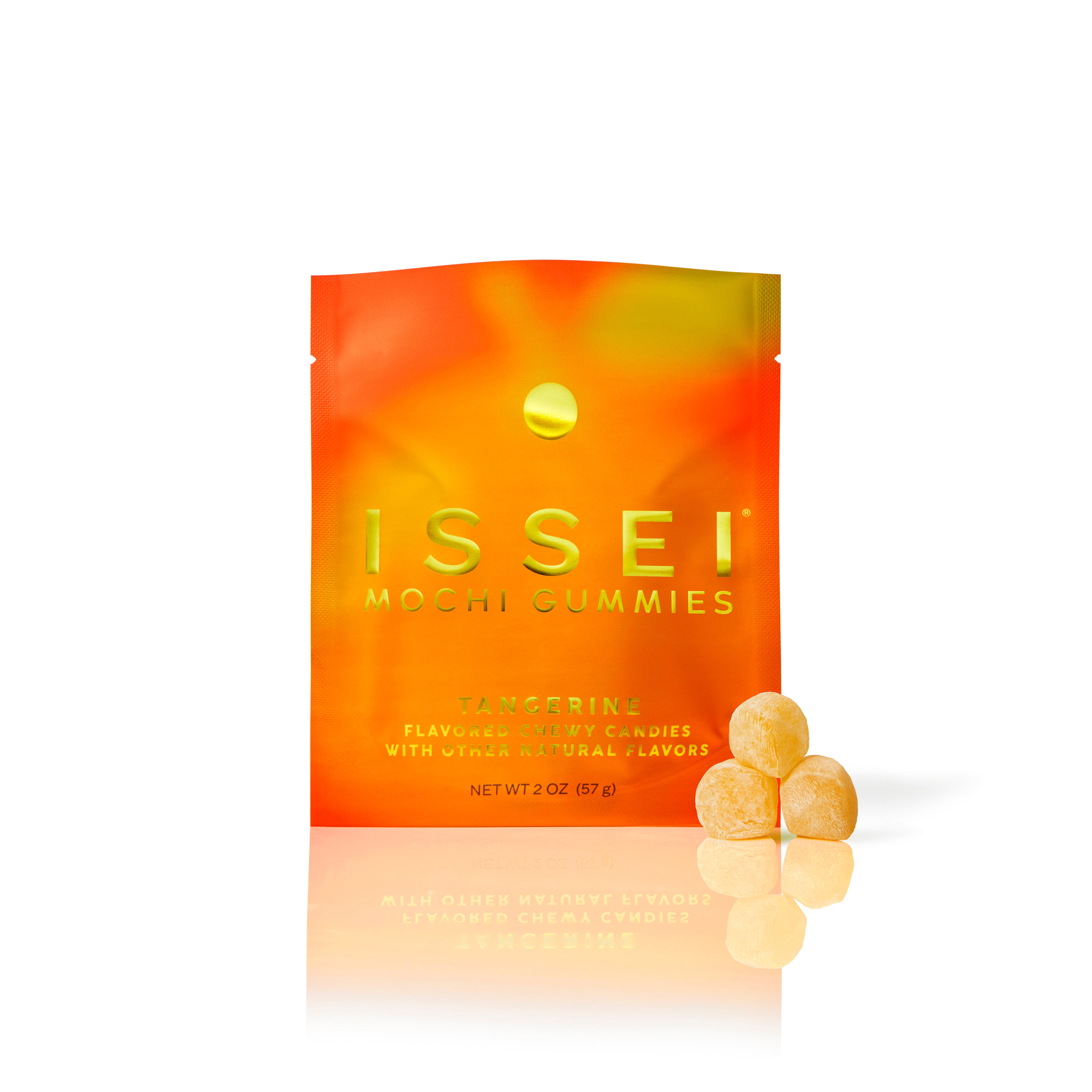 Orange package of 2 oz Issei Mochi Gummies Tangerine flavor on a white background