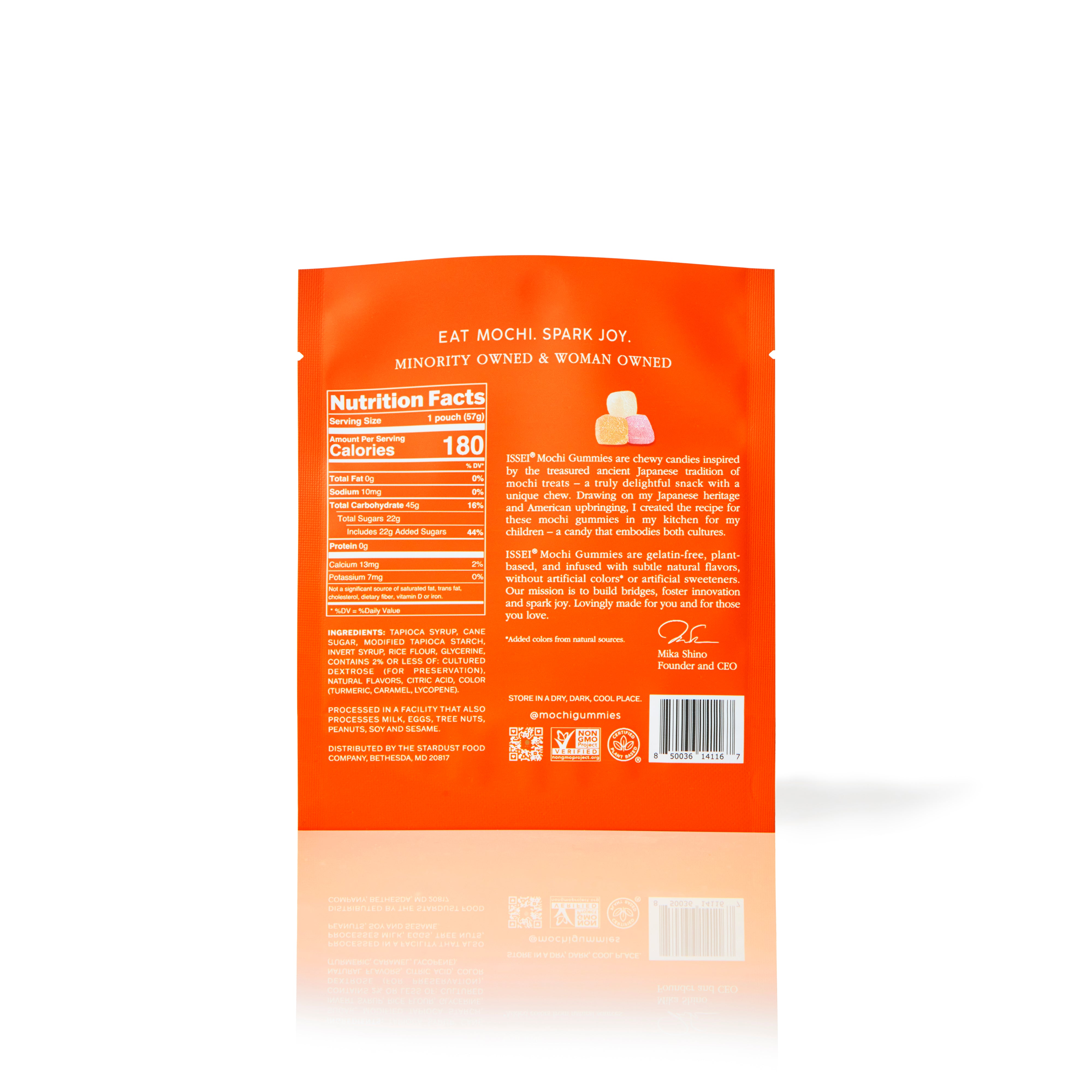Orange package of 2 oz Issei Mochi Gummies Tangerine flavor with nutrition facts label on a white background