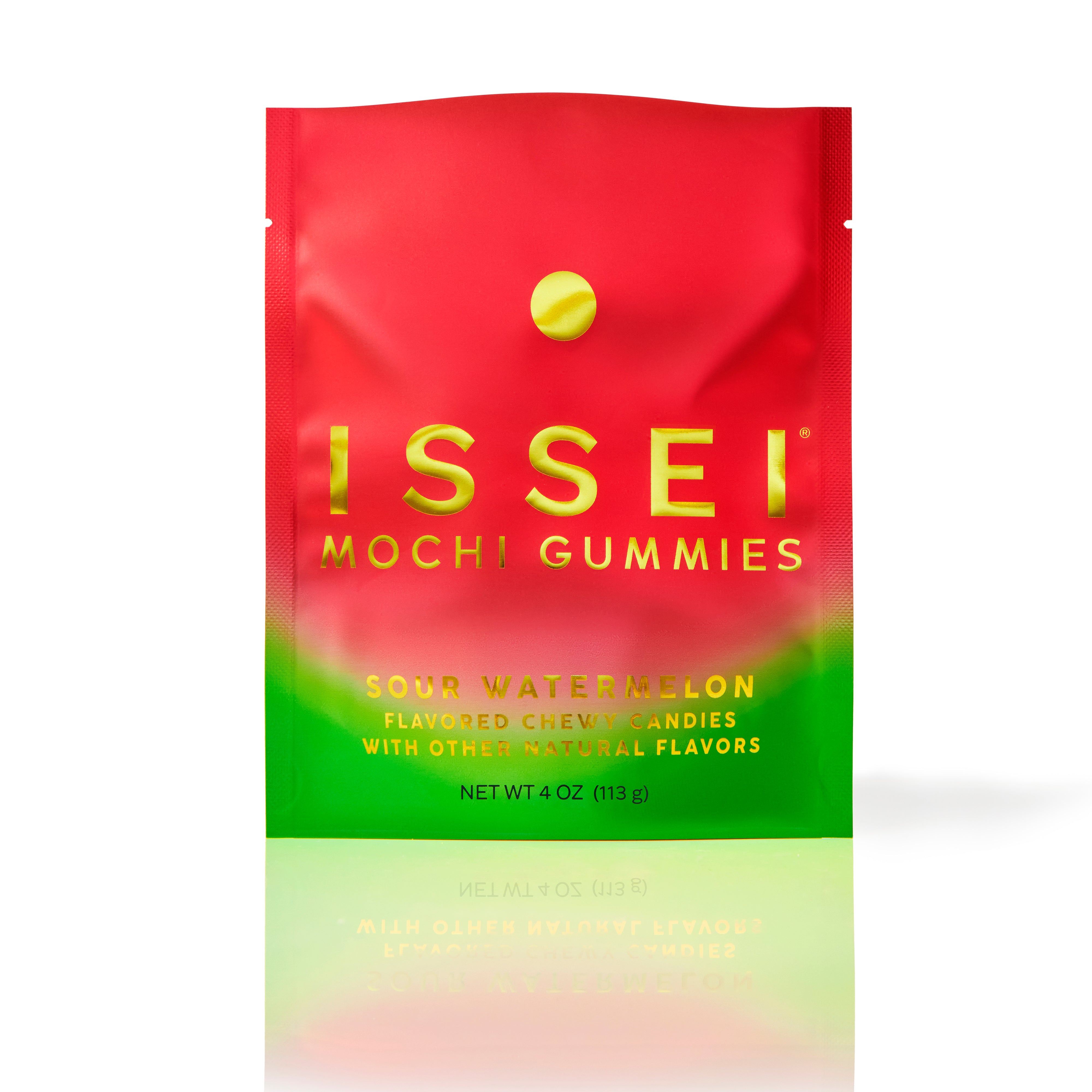 Red and green package of 4 oz Issei Mochi Gummies Sour Watermelon flavor on a white background