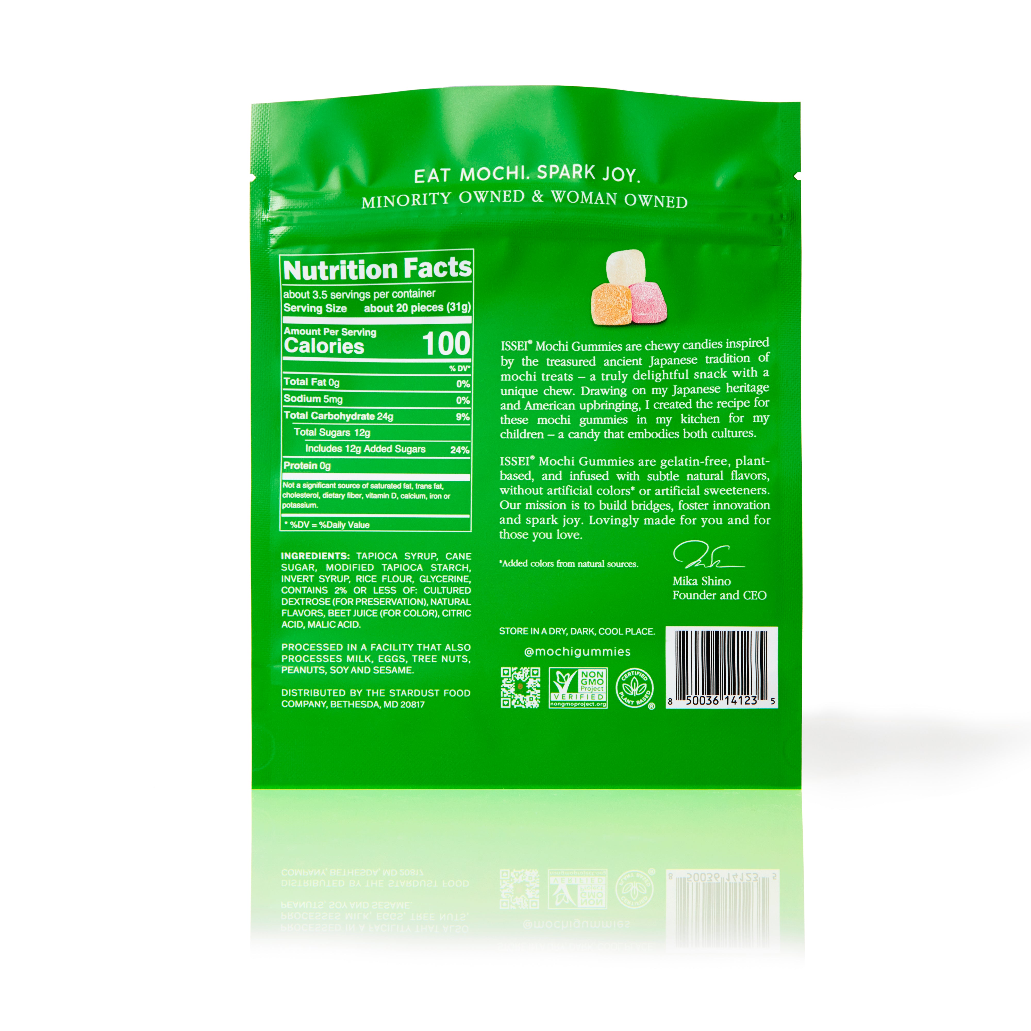 Green package of 4 oz Issei Mochi Gummies Sour Watermelon flavor with nutrition facts label on a white background