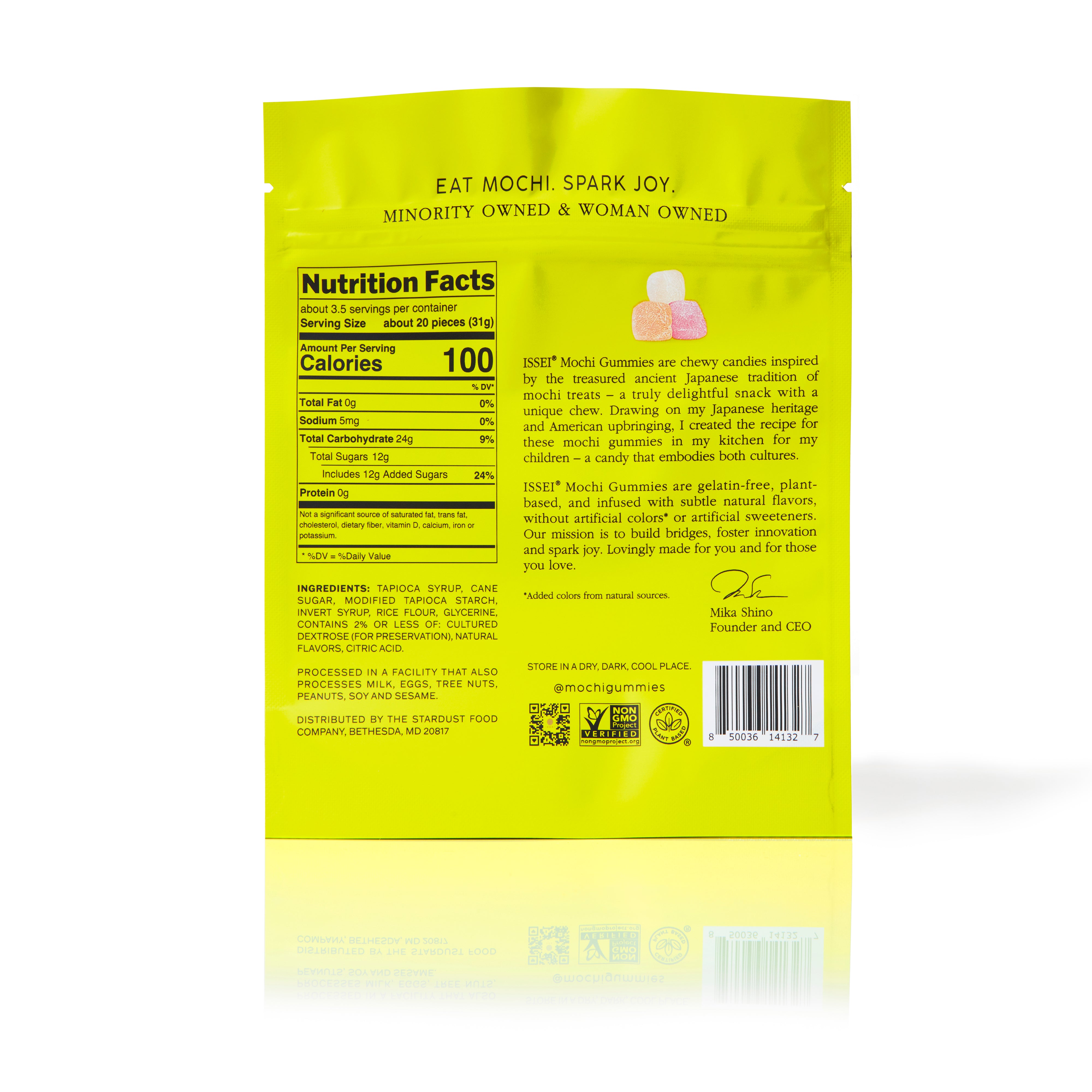 Yellow package of 4 oz Issei Mochi Gummies Yuzu flavor with nutrition facts label on a white background
