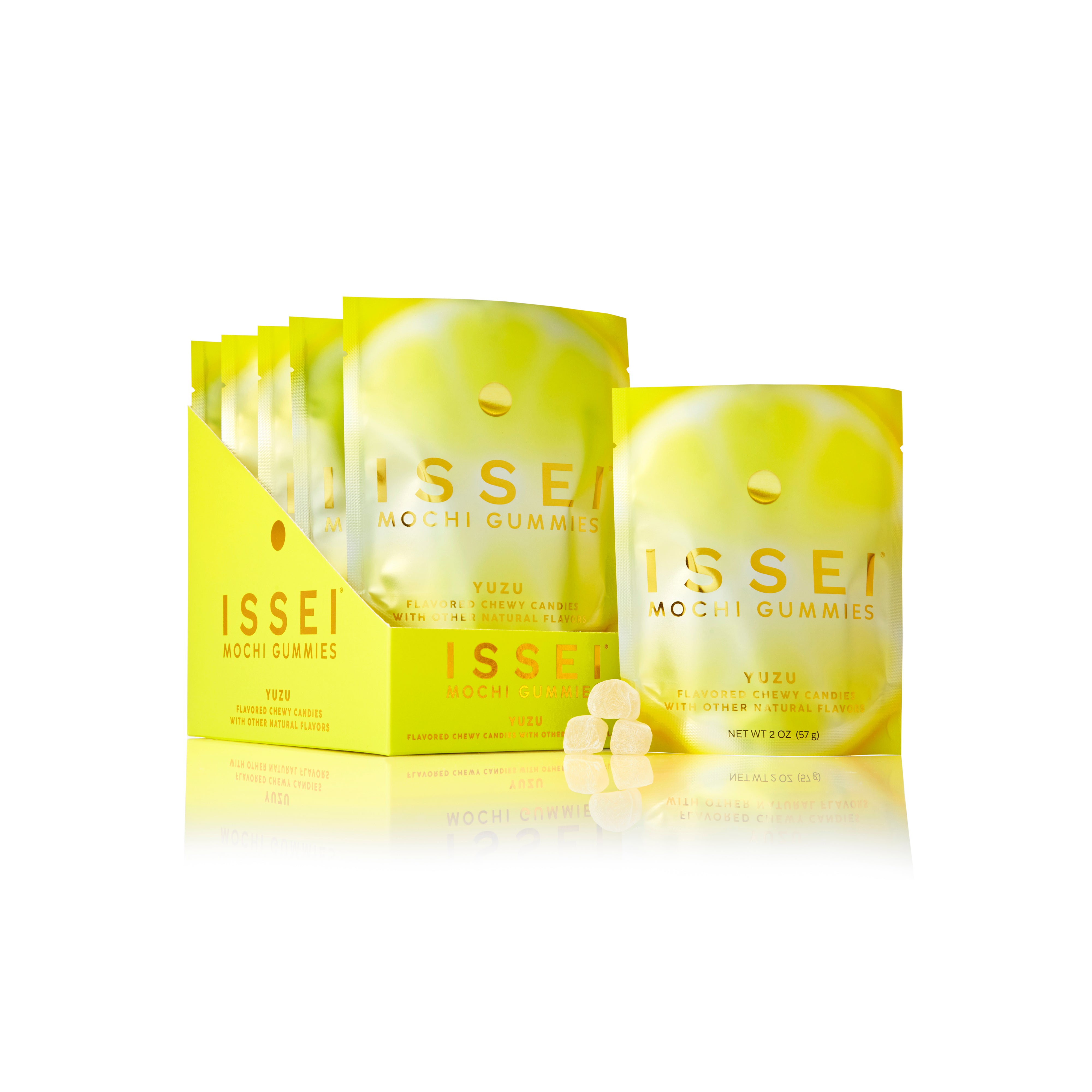 Yellow package of 6-pack 2 oz Issei Mochi Gummies Yuzu flavor on a white background