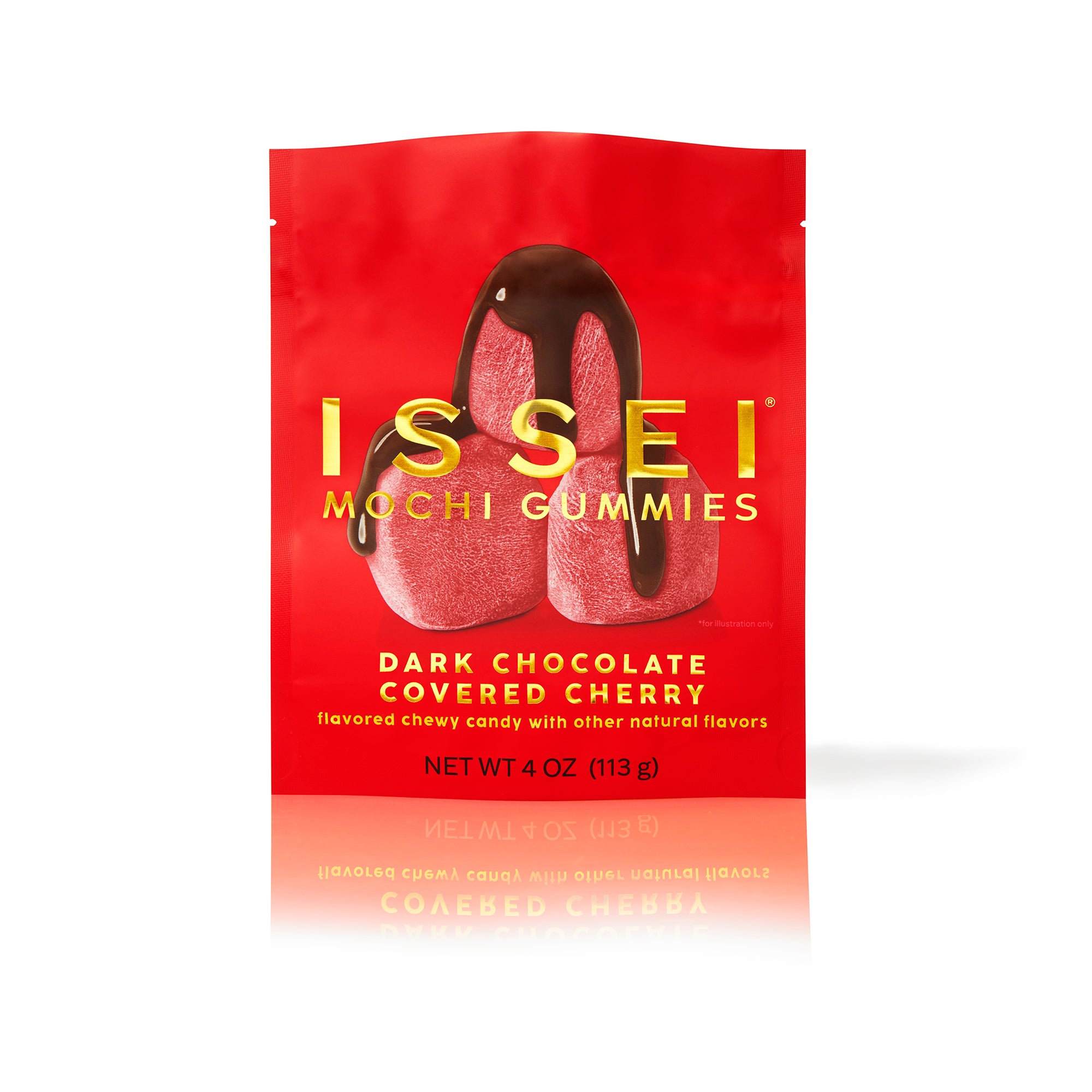 Red package of ISSEI Mochi Gummies with dark chocolate covered cherry flavor on a white background