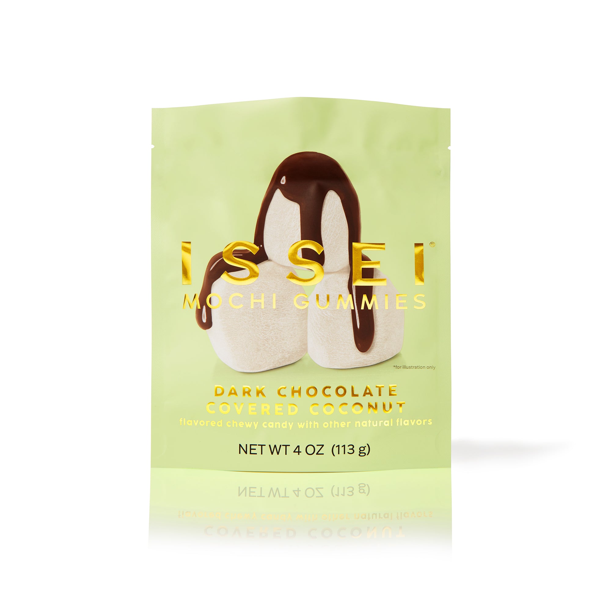 Issei Mochi Gummies packaging with dark chocolate and coconut illustration on a light green background