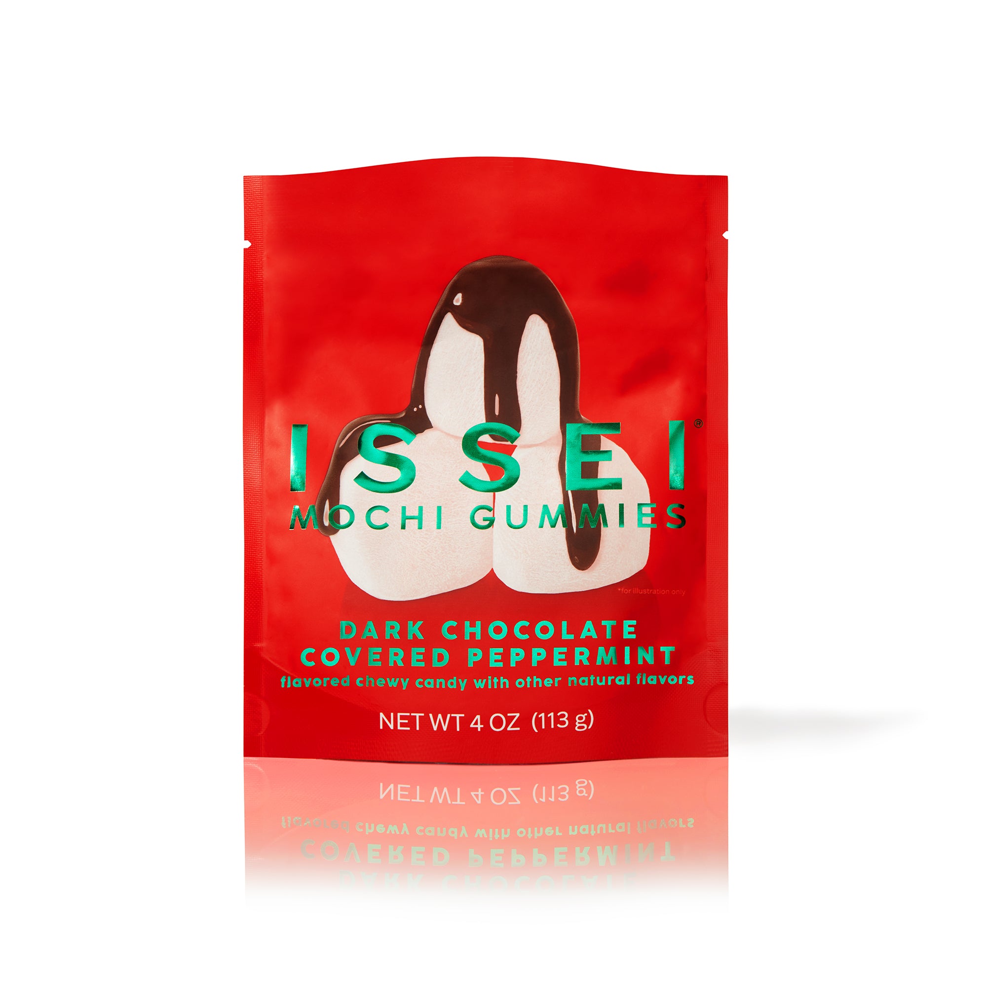 Red package of ISSEI Mochi Gummies with dark chocolate and peppermint flavor on a white background