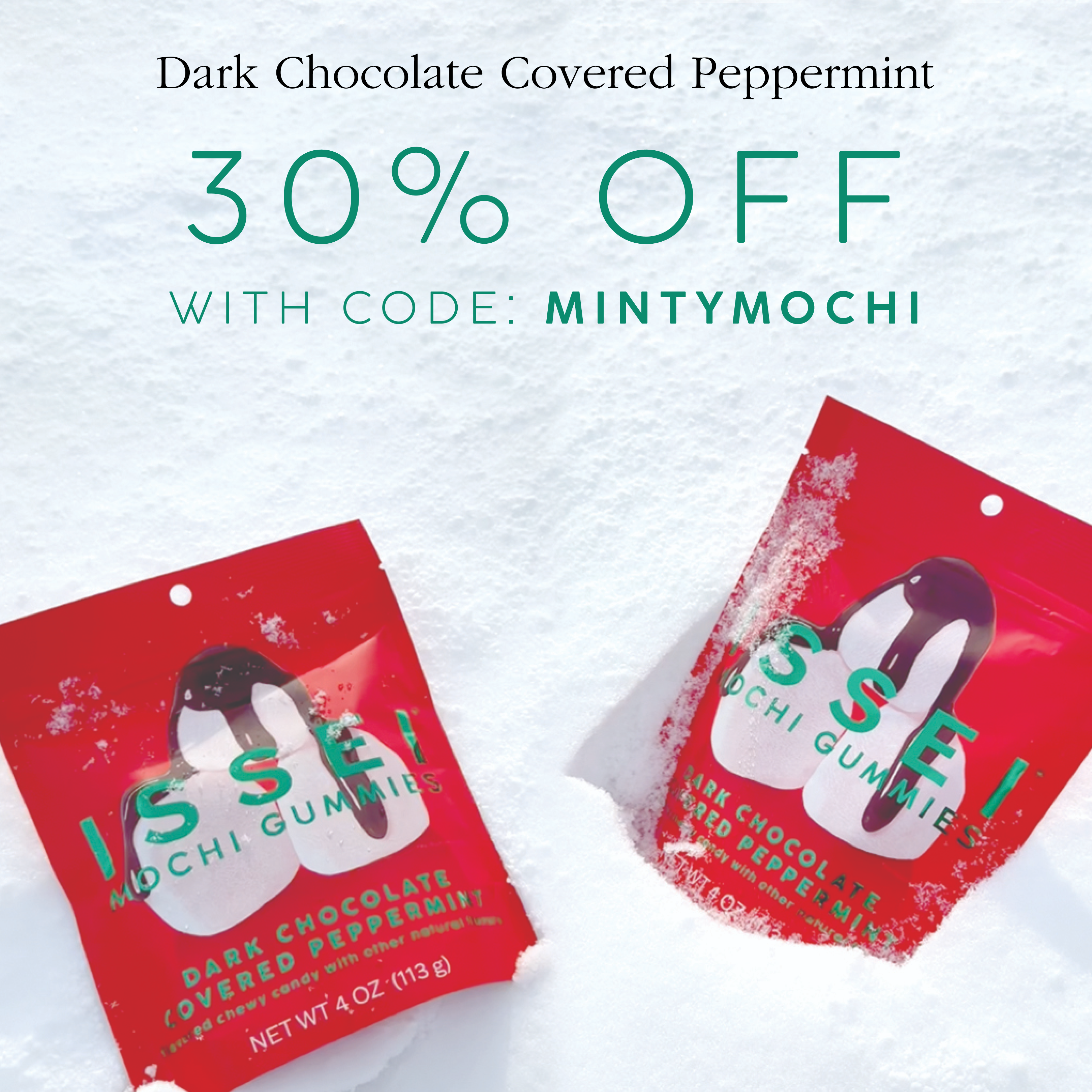 Issei Dark Chocolate Peppermint packaging on snowy background