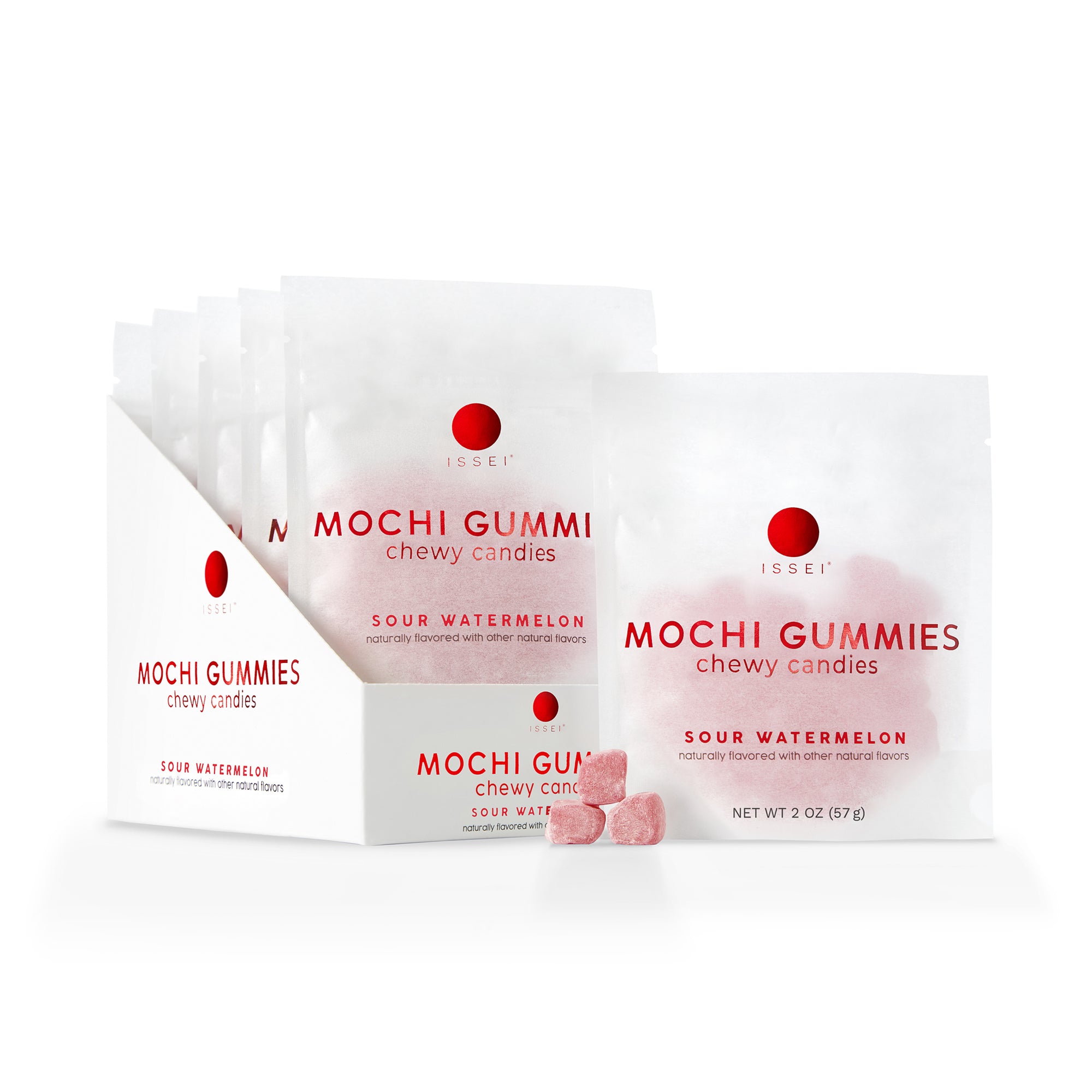 Packages of Issei Mochi Gummies Sour Watermelon on a white background