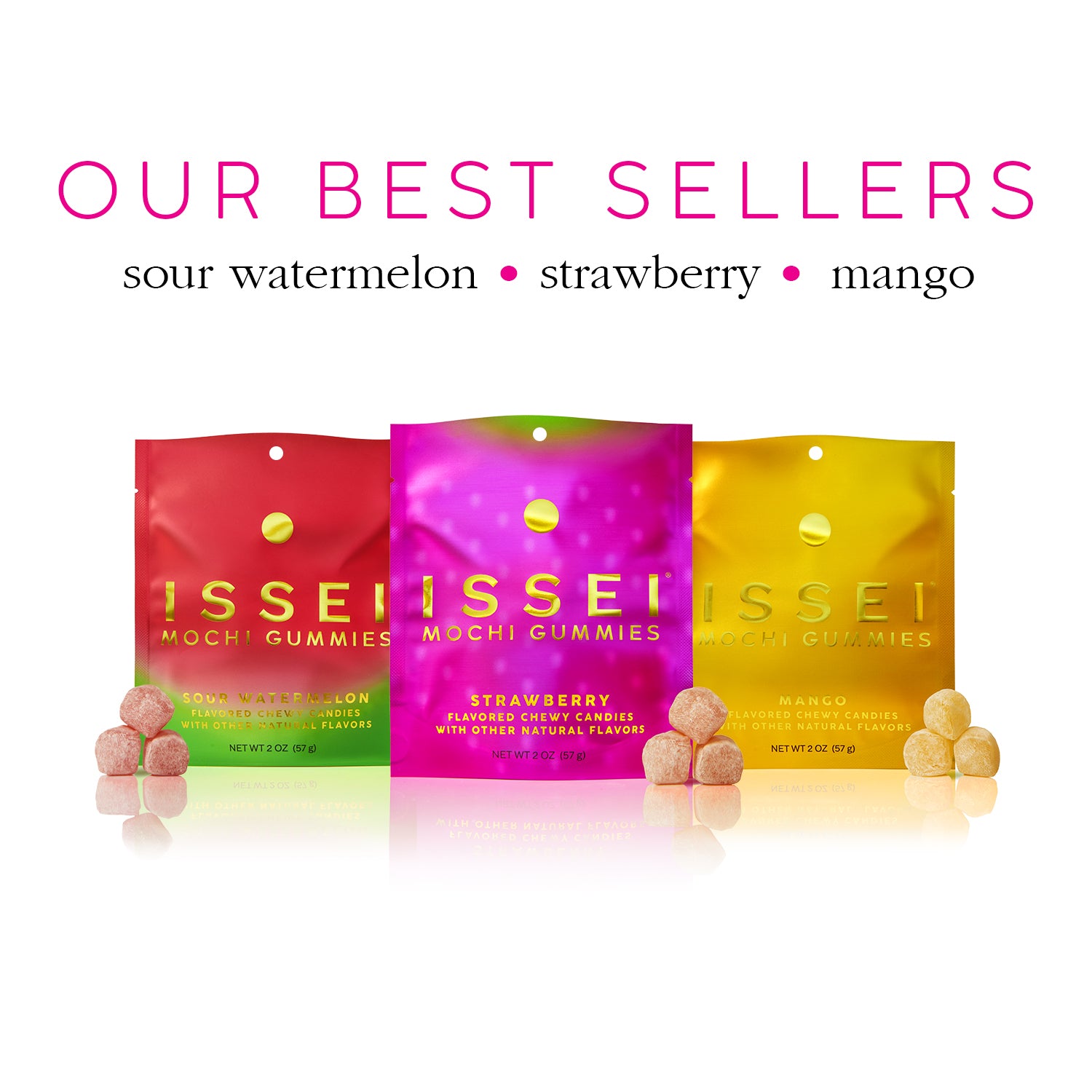 Three packages of Issei Mochi Gummies Best Sellers in Sour Watermelon, Strawberry, and Mango flavors with colorful packaging on a white background.