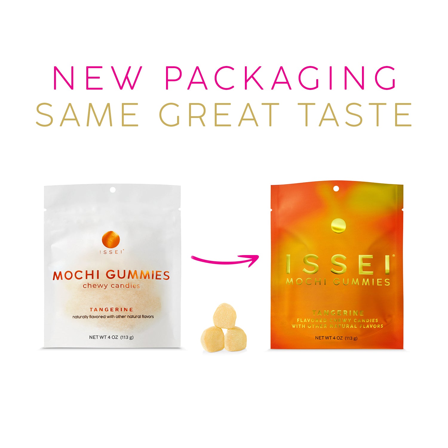 Comparison of old and new packaging for Issei Mochi Gummies Tangerine on a white background.