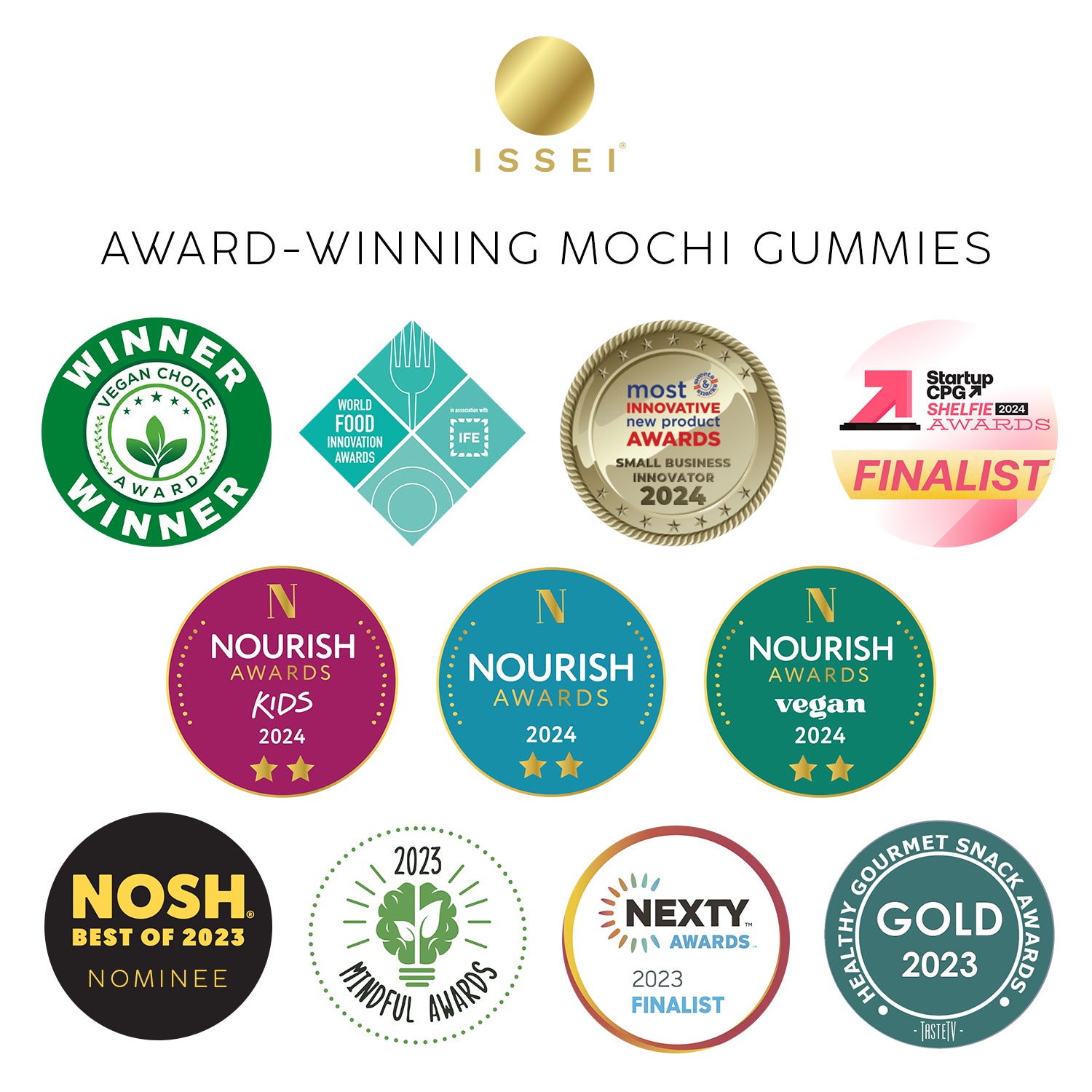 Collection of award badges for ISSEI award-winning mochi gummies on a white background