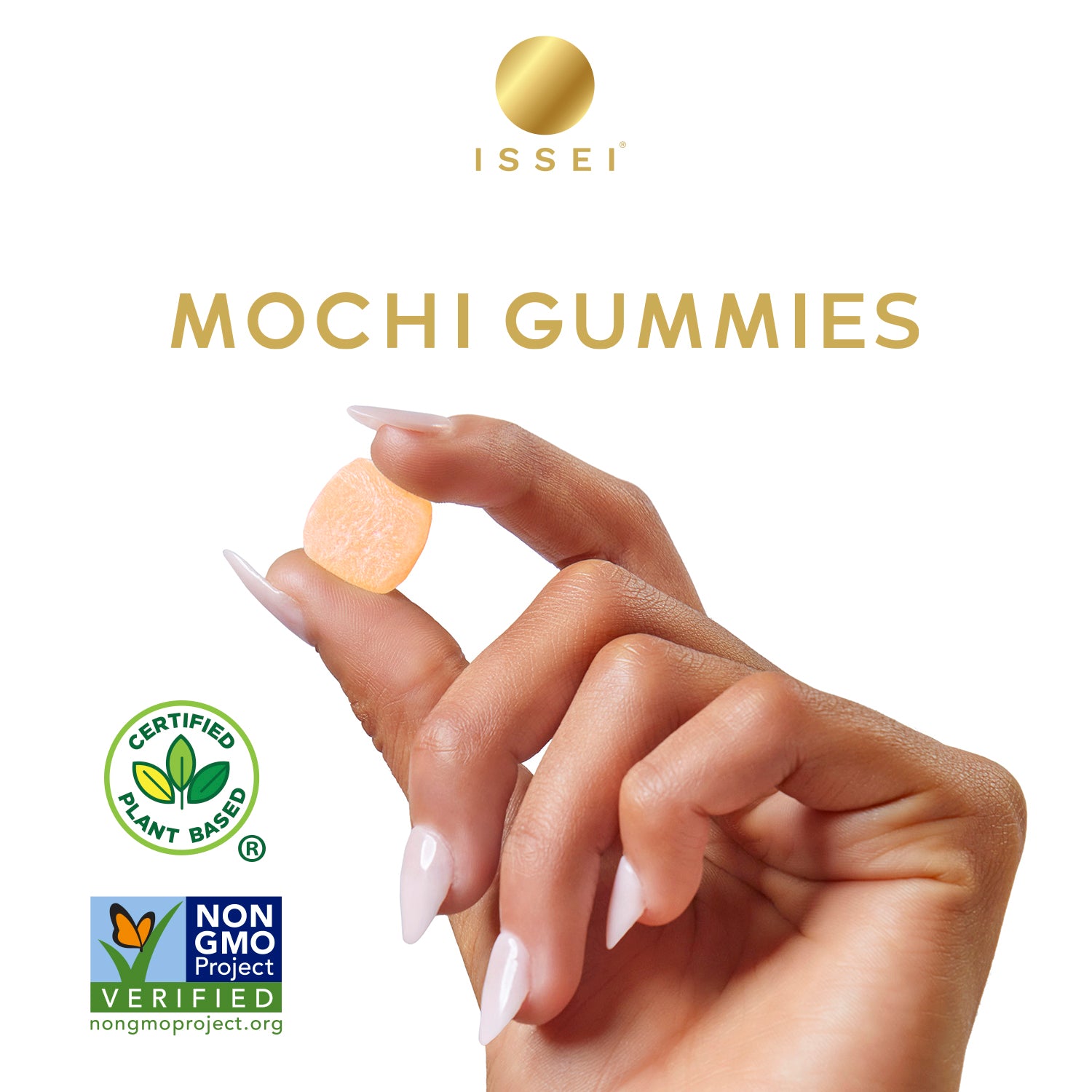 Hand holding a Mochi Gummy with Issei logo and Plant Based certification logo and non-GMO certification logo on a white background