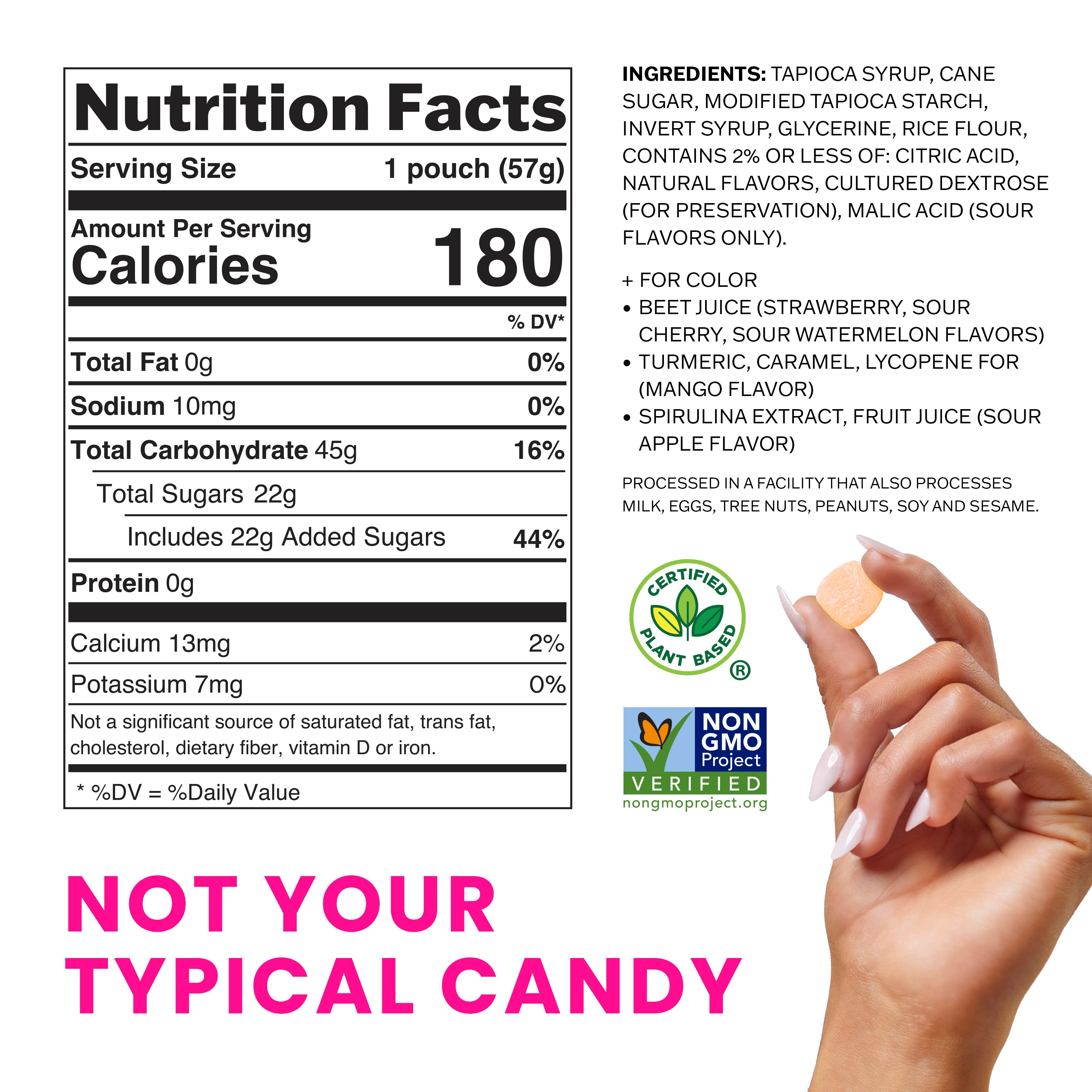 Nutrition panel and ingredients on white background with title "not your typical candy" and Non-GMO Verified seal and Certified Plant Based seal