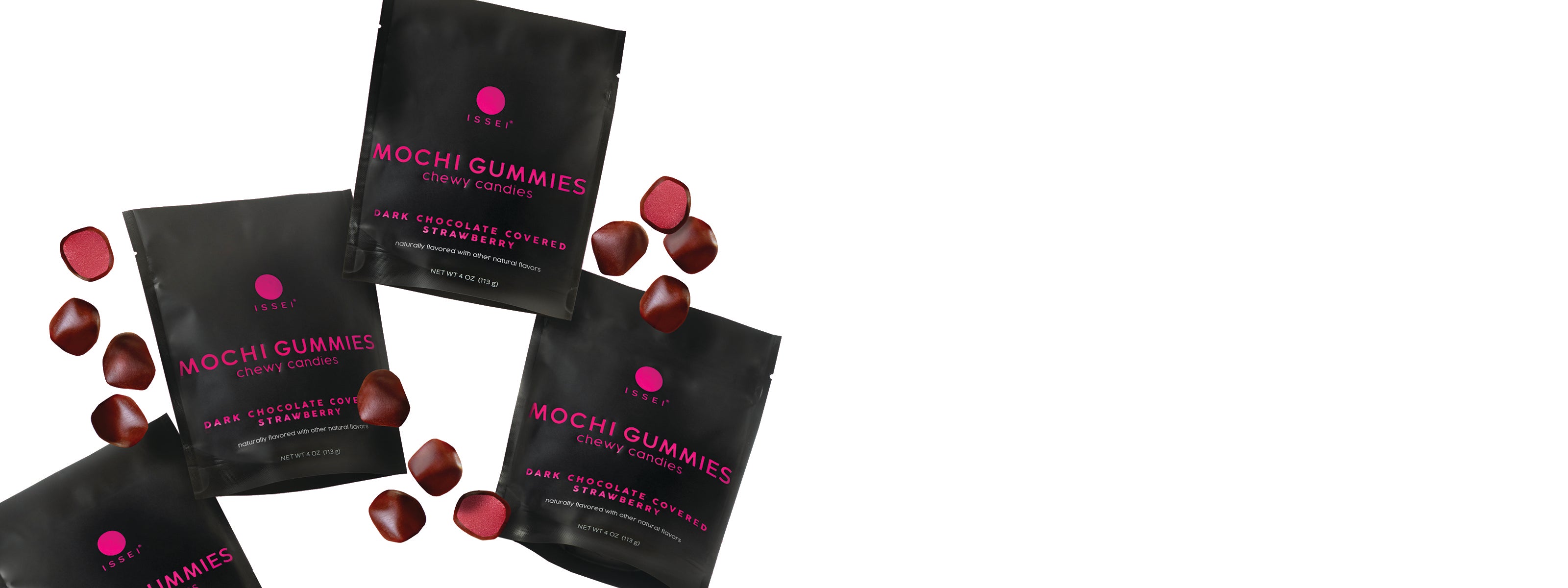 Issei Dark Chocolate Covered Strawberry Mochi Gummies with black and pink packaging
