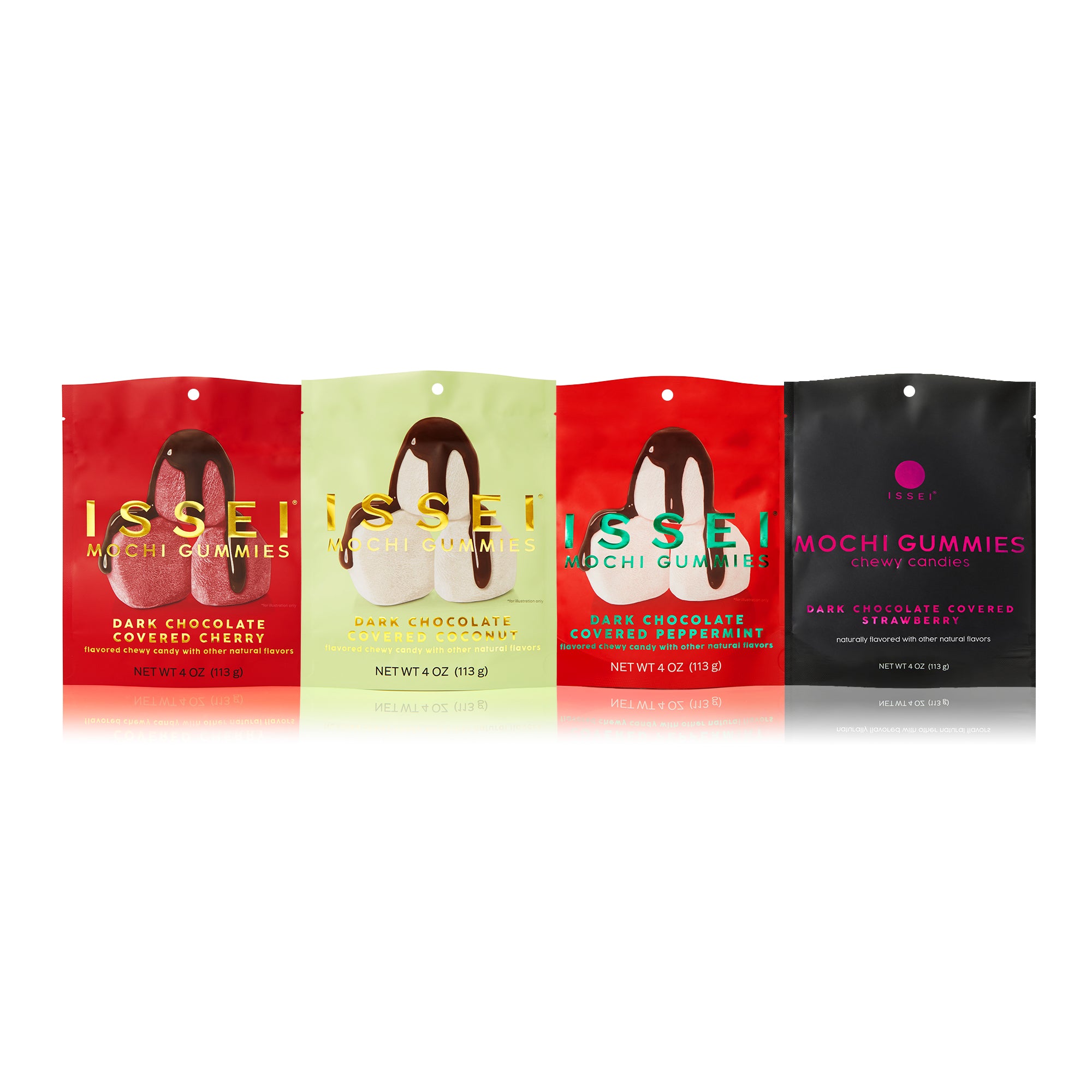 Four packages of Issei Mochi Gummies chocolate line on a white background