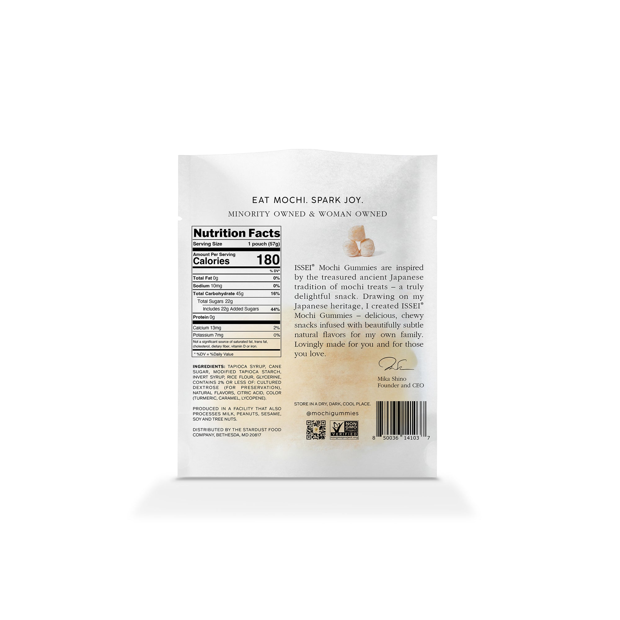 Back of 2 oz Issei Mochi Gummies Mango white packaging with nutritional information
