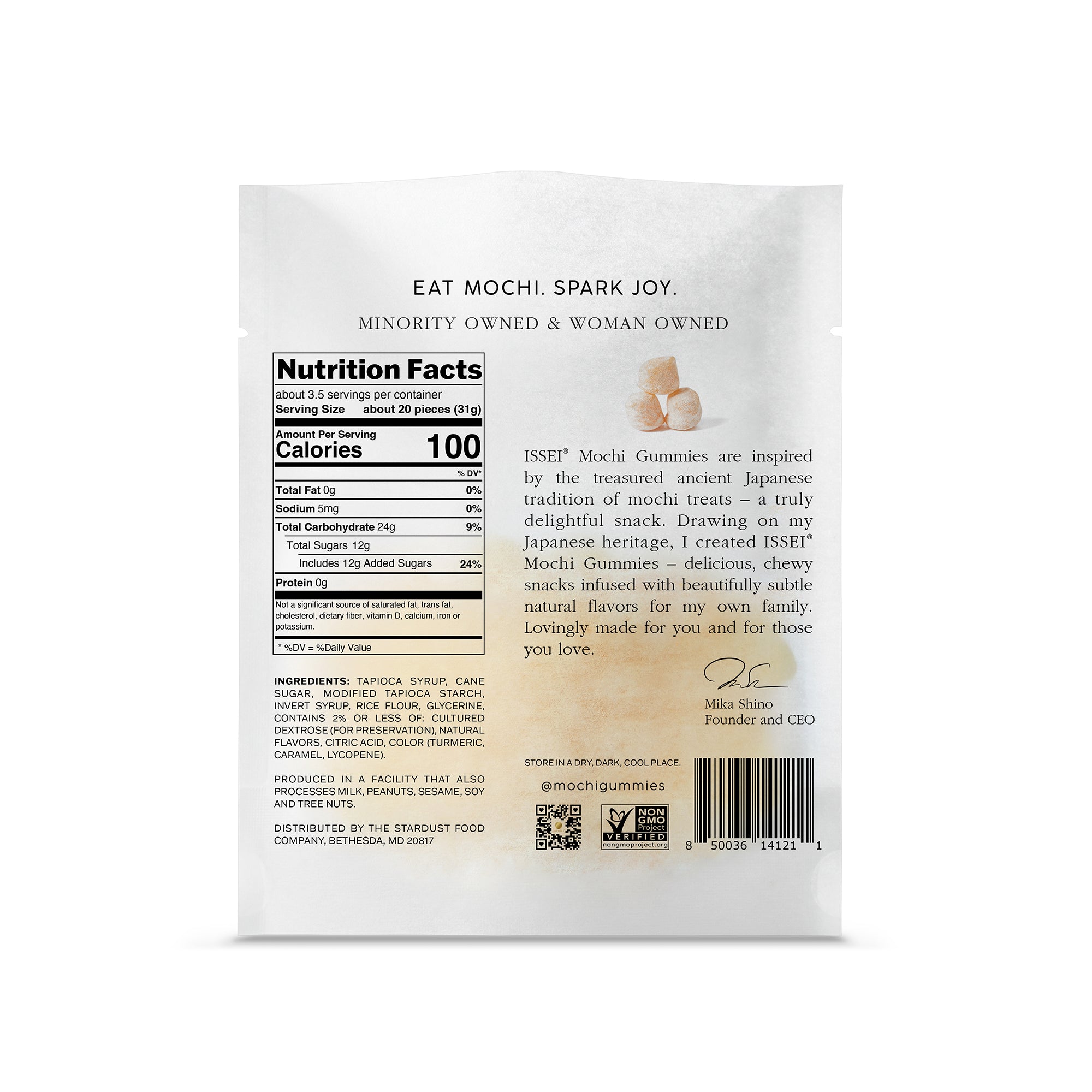 Back of a 4 oz Issei Mochi Gummies Mango white packaging with nutrition facts and product description