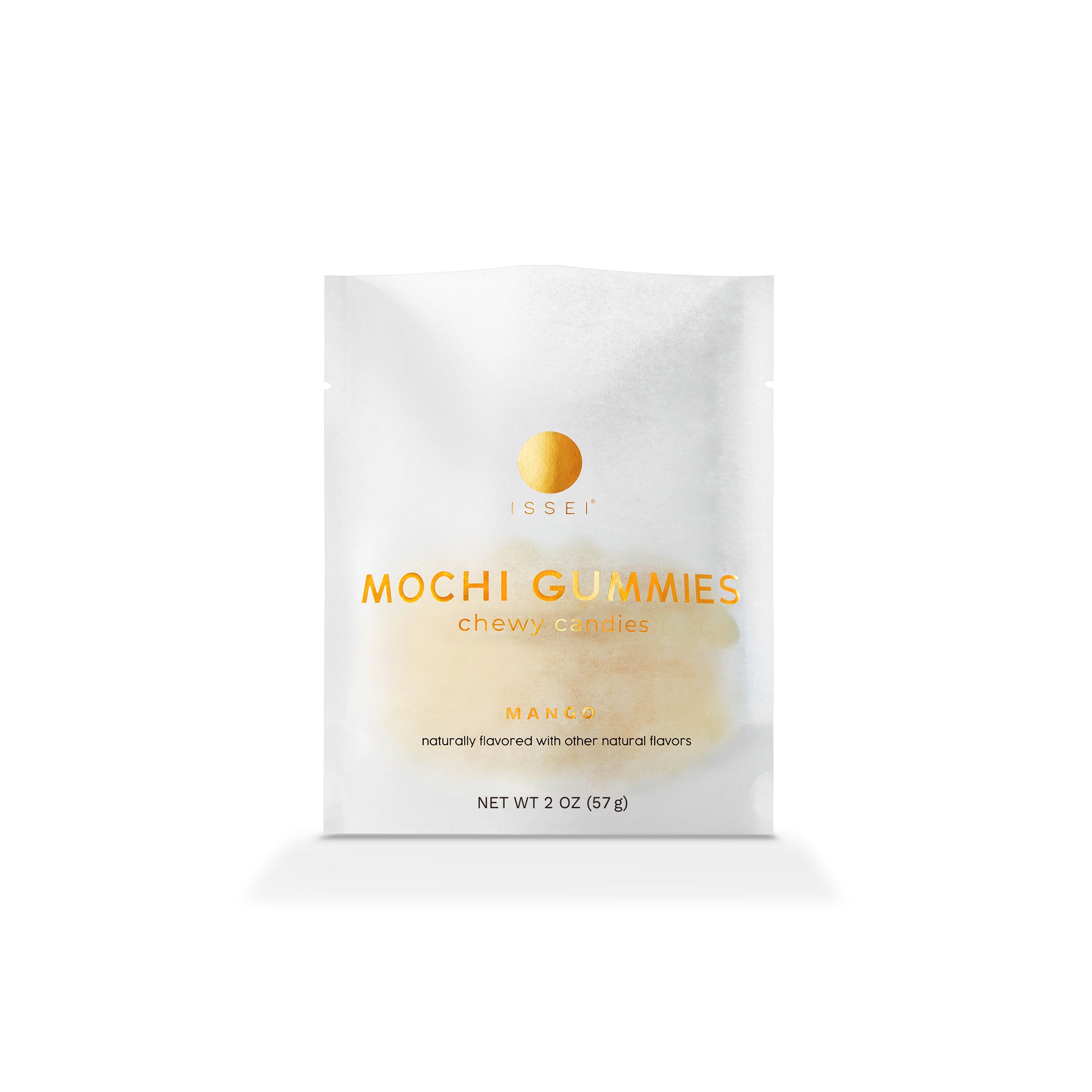 Front of a 2 oz Issei Mochi Gummies Mango white packaging