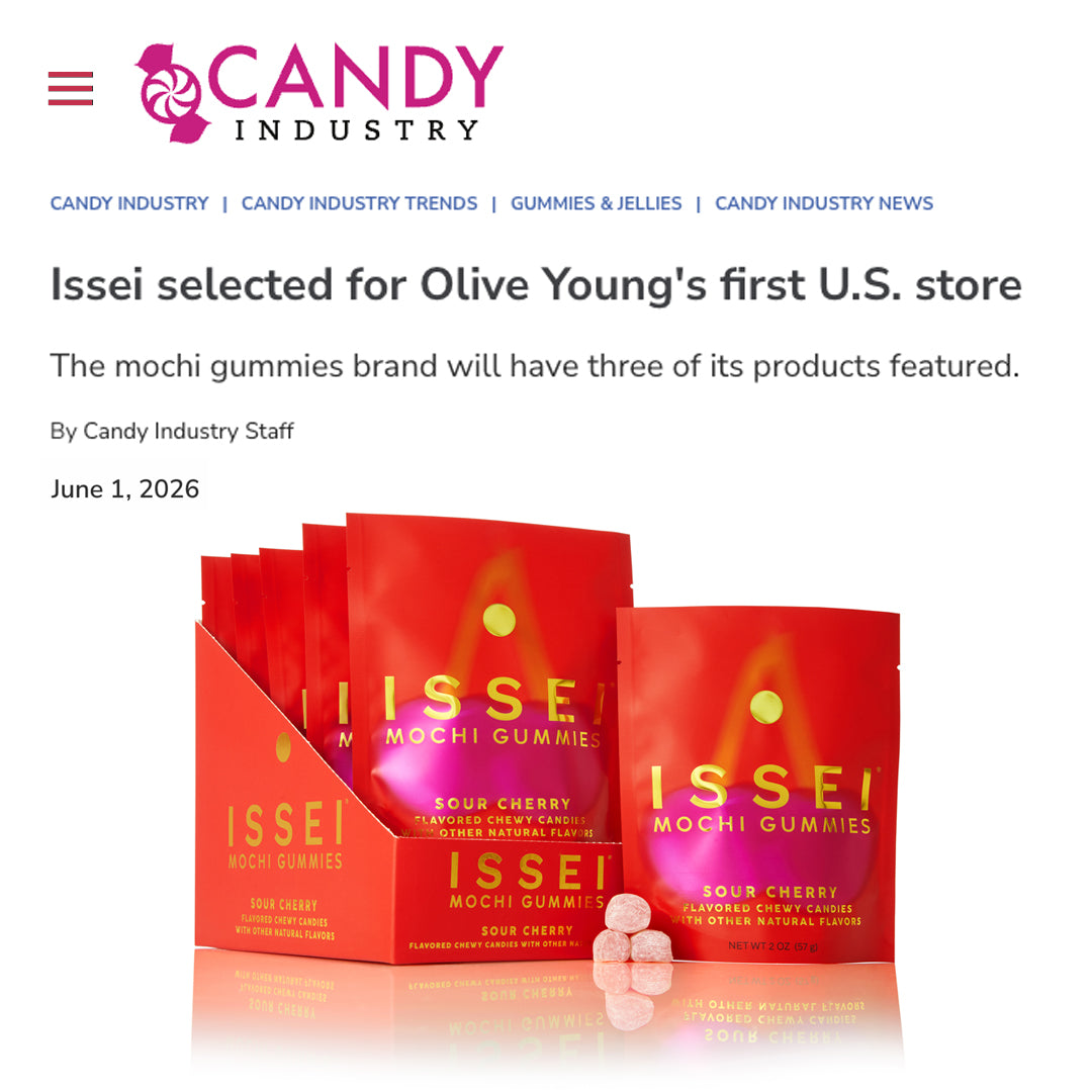 Article about Issei mochi gummies being featured in Olive Young's U.S. store, with images of Sour Cherry package
