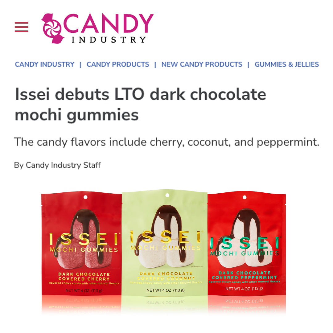 Candy Industry article about Issei dark chocolate mochi gummies with product images on a white background.