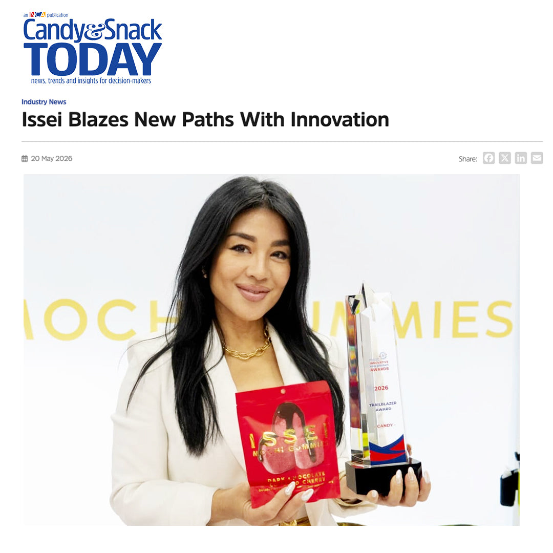 Candy & Snack Today article featuring founder Mika Shino posing with Trailblazer Award and Issei packaging