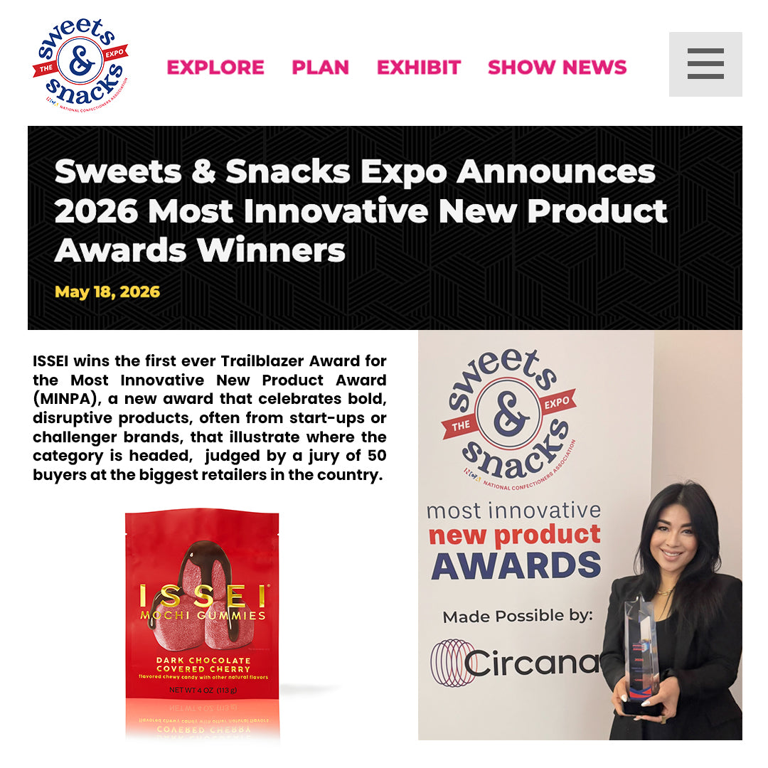 Sweets & Snacks Expo news article about 2026 Most Innovative New Product Awards with ISSEI product and founder Mika Shino holding award.