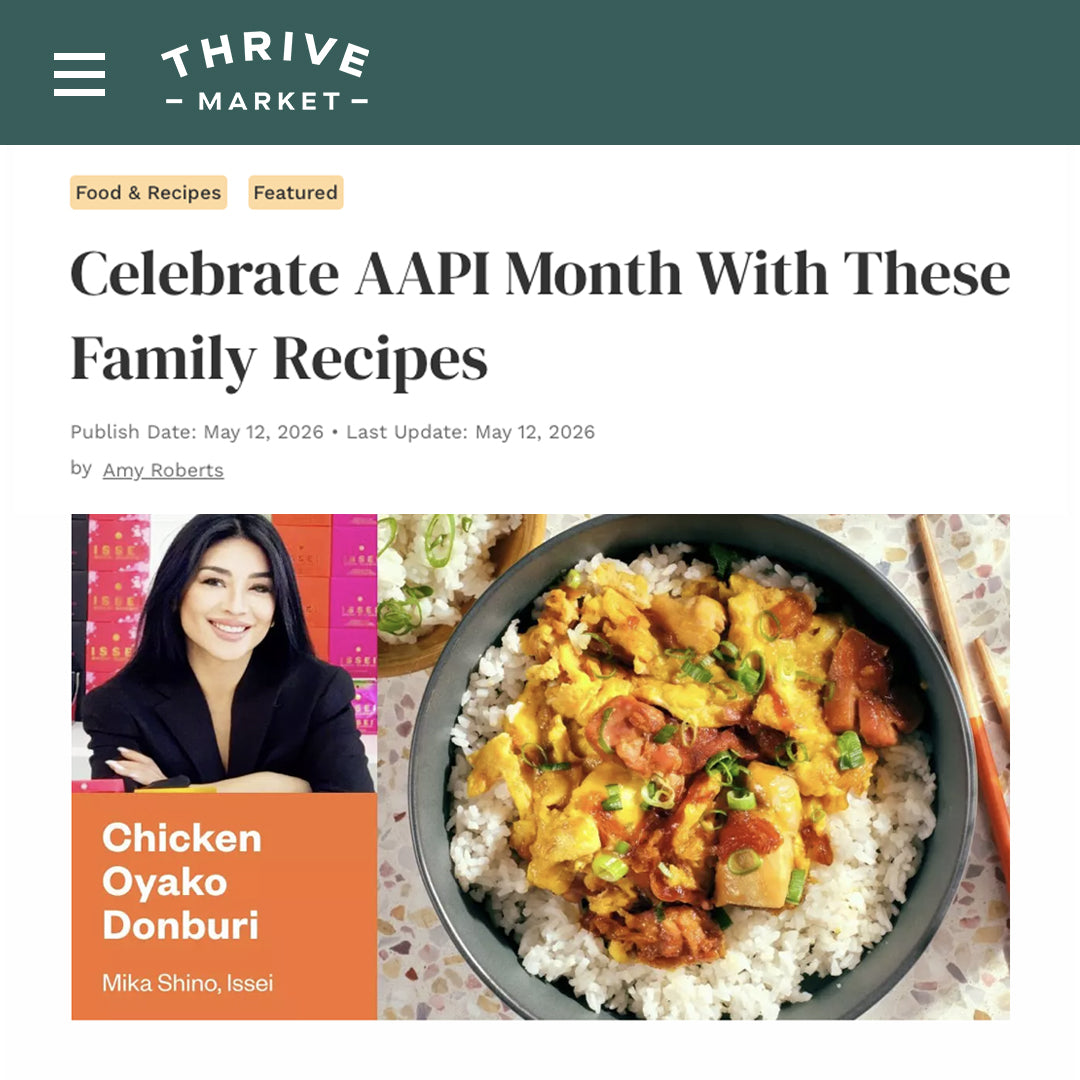 Thrive Market webpage with a recipe for Chicken Oyako Donburi featuring Issei founder Mika Shino and a dish.