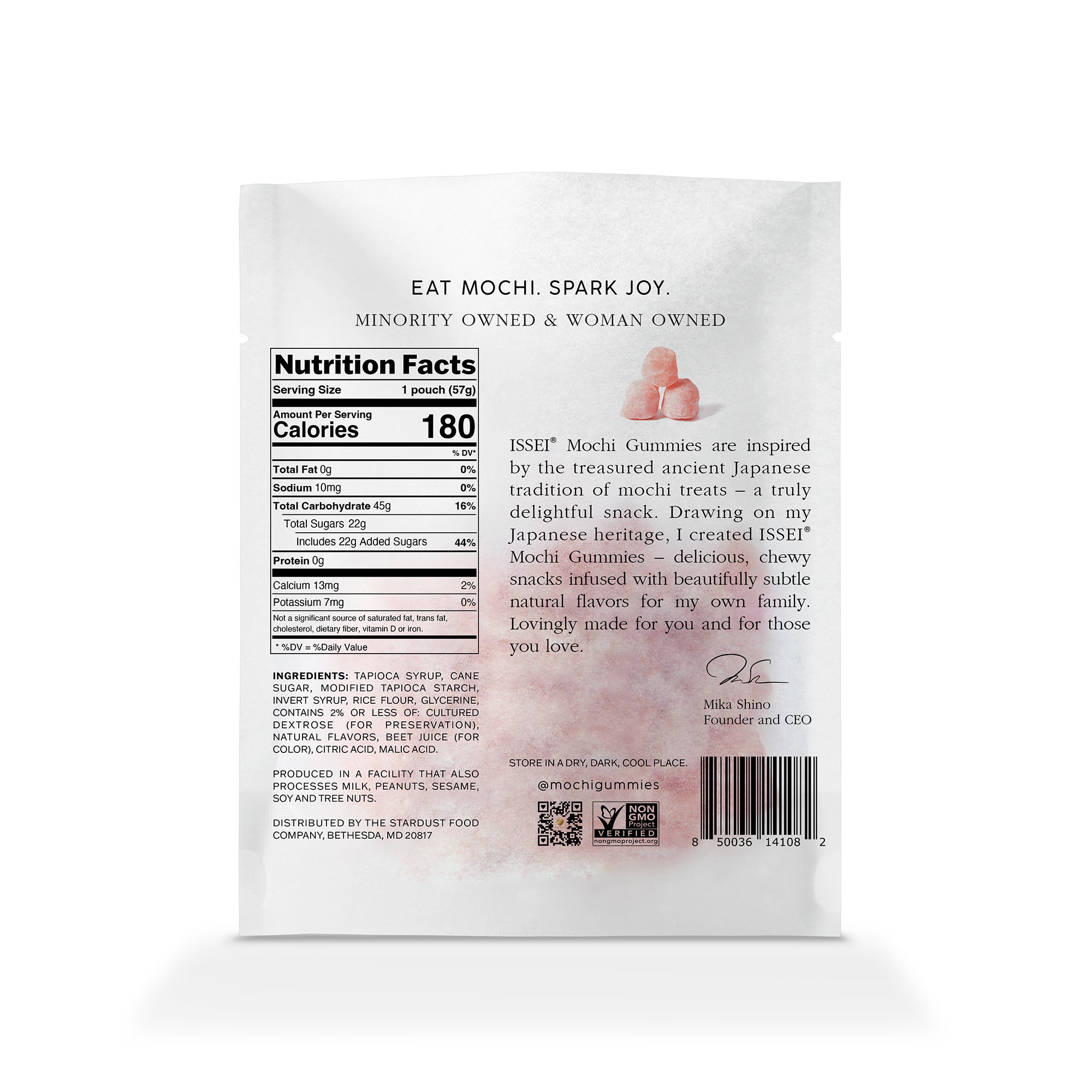 Back of a package with nutrition facts and product description on a white background