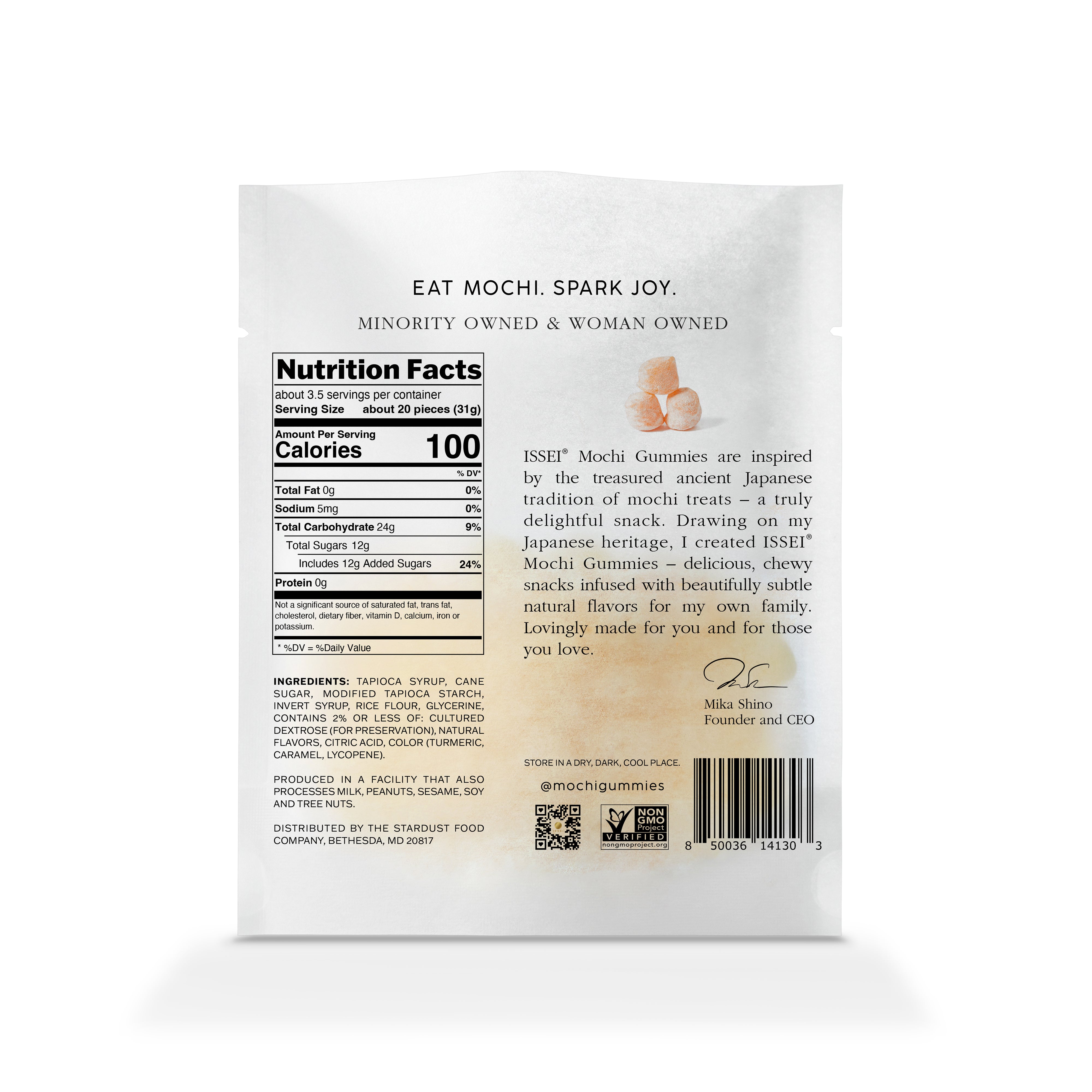 Back of 4 oz Issei Mochi Gummies Tangerine flavor on a white package with nutrition facts and branding information.