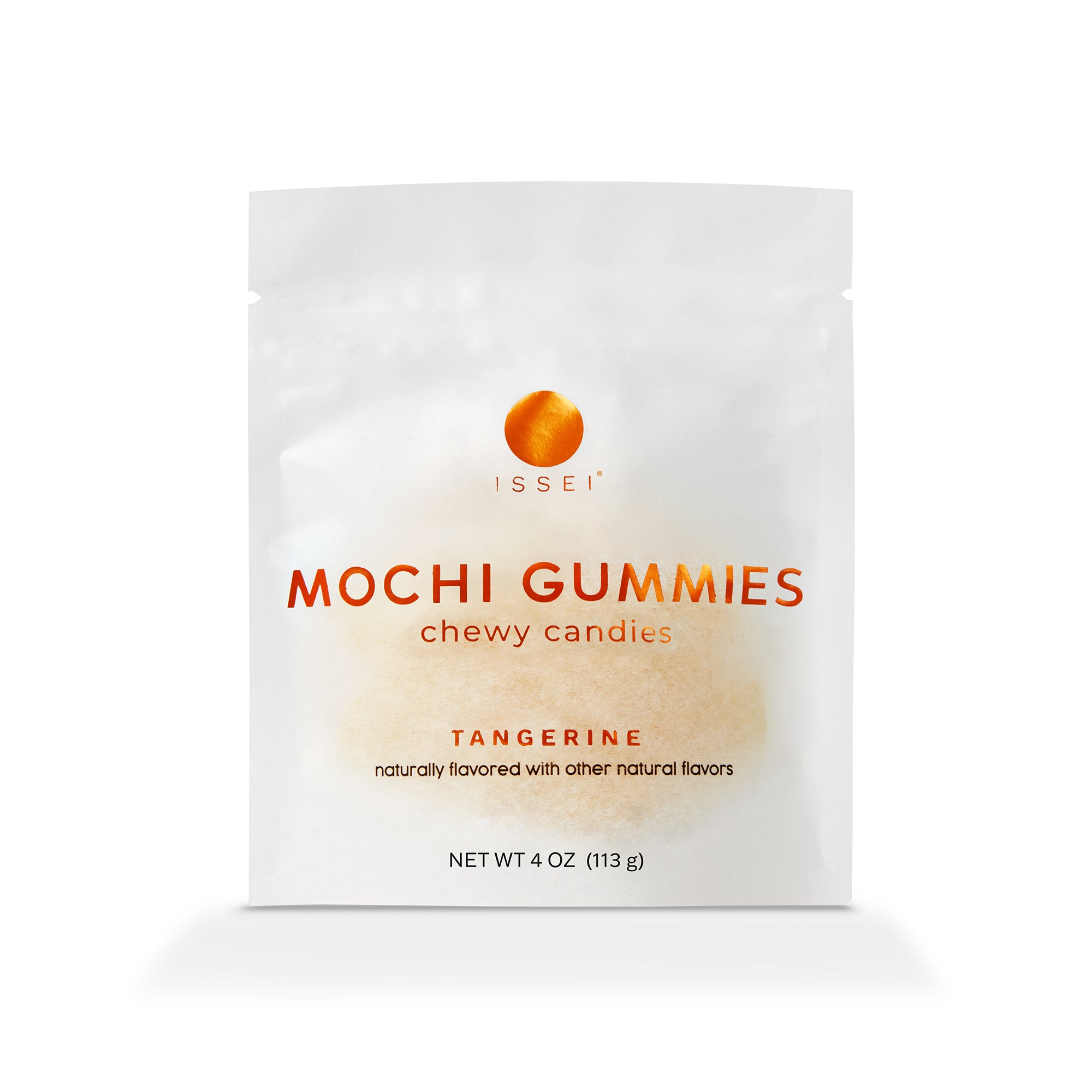 White package of 4 oz Issei Mochi Gummies Tangerine flavor on a white background