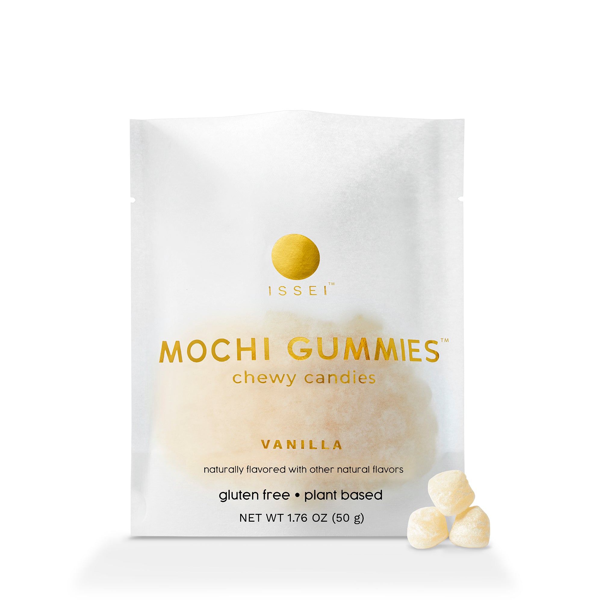 A package of ISSEI brand Mochi Gummies with the flavor Vanilla displayed. The package is white with the product name and description, stating they are chewy candies, naturally flavored with other natural flavors.
