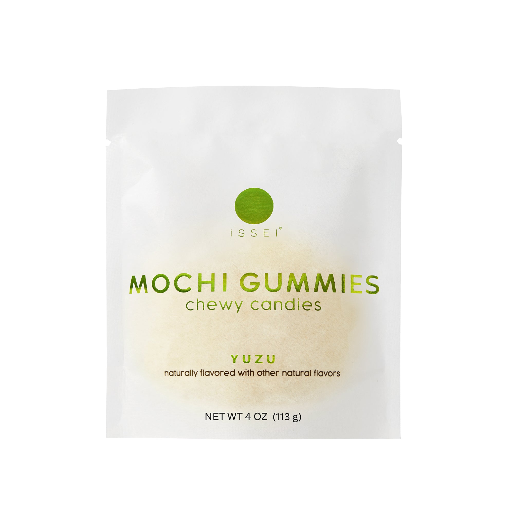 A package of Issei Mochi Gummies with the flavor Yuzu. The packaging is white with the product name and description