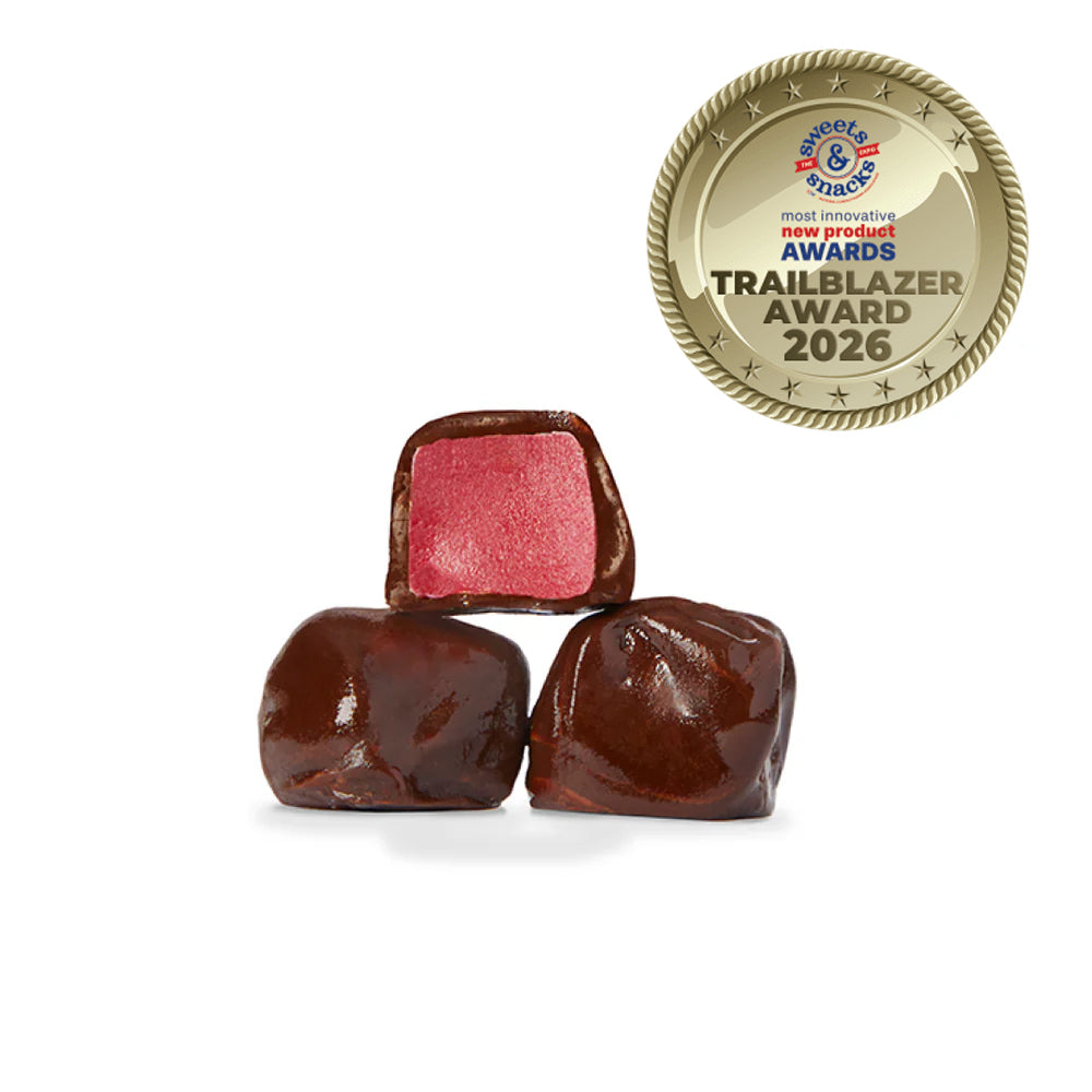 A stack of Dark Chocolate Covered Mochi Gummies shown with an award seal on a white background