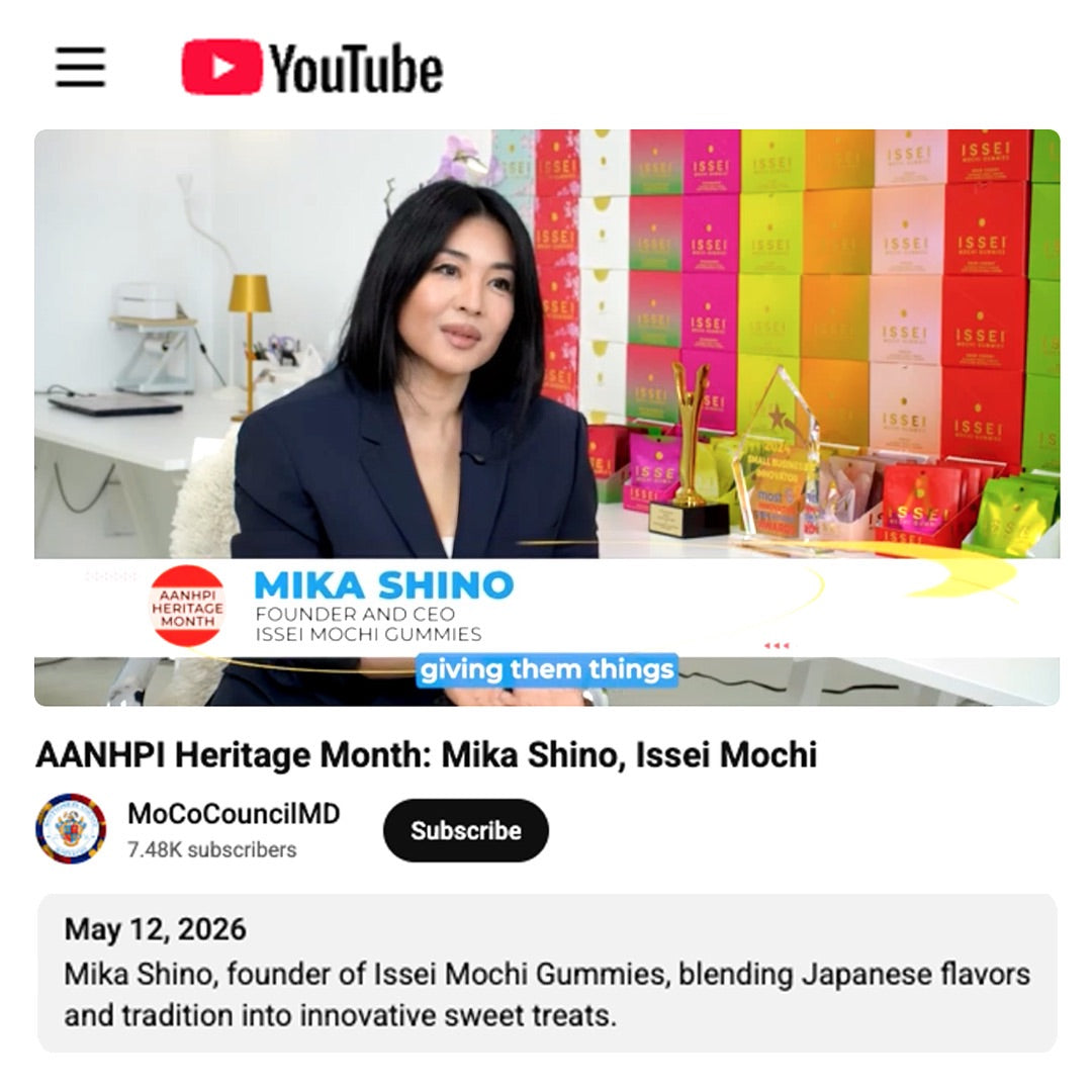YouTube video thumbnail featuring Mika Shino, founder of Issei Mochi Gummies, with colorful boxes in the background.