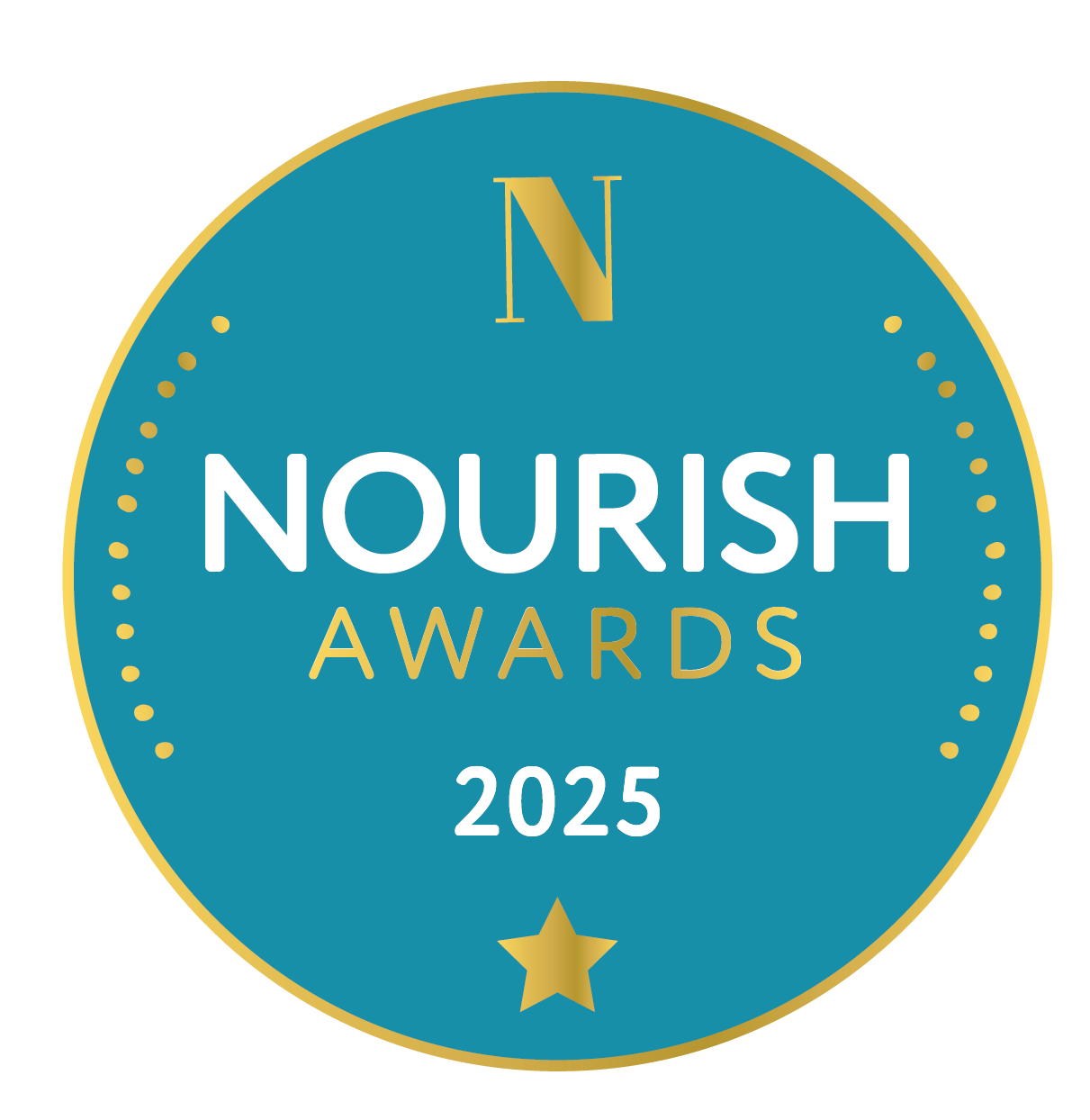 Nourish Awards 2025 logo with teal background and gold accents