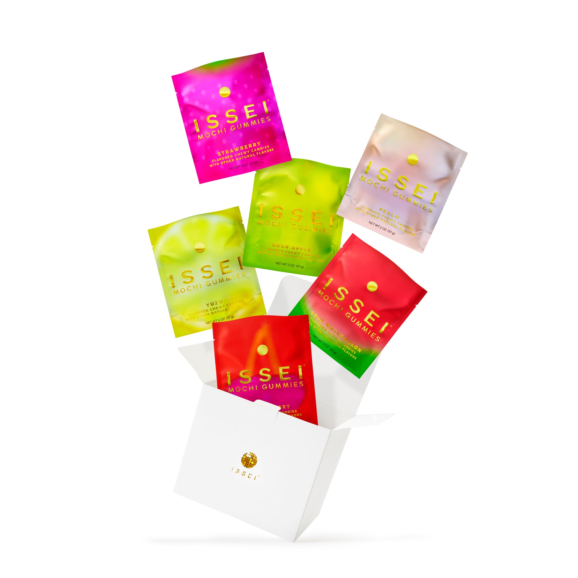 Assorted colorful packets of Issei gummies on a white background