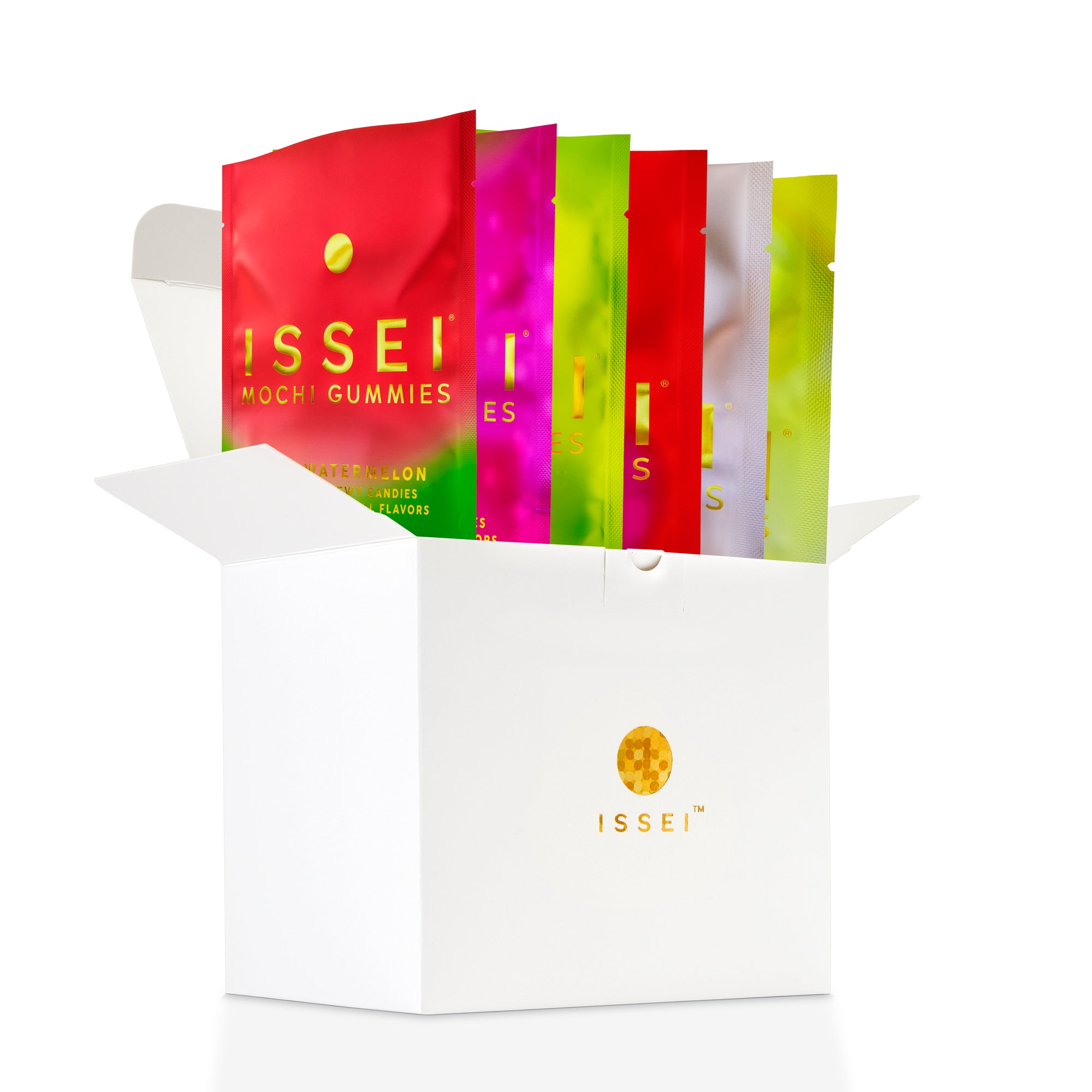 Assorted packs of Issei Mochi Gummies in a white box on a white background