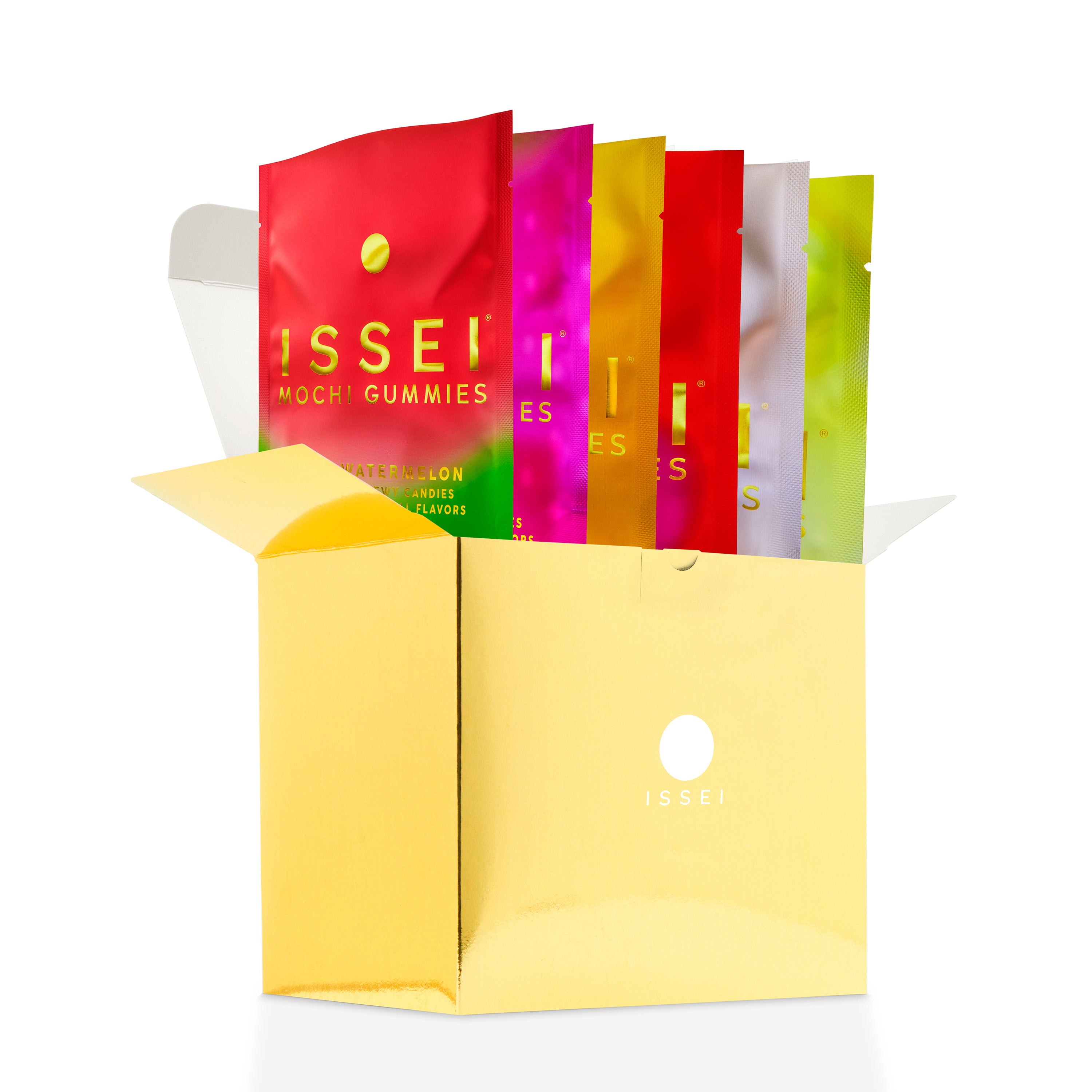 Assorted colorful packs of Issei mochi gummies shiny gold box on a white background