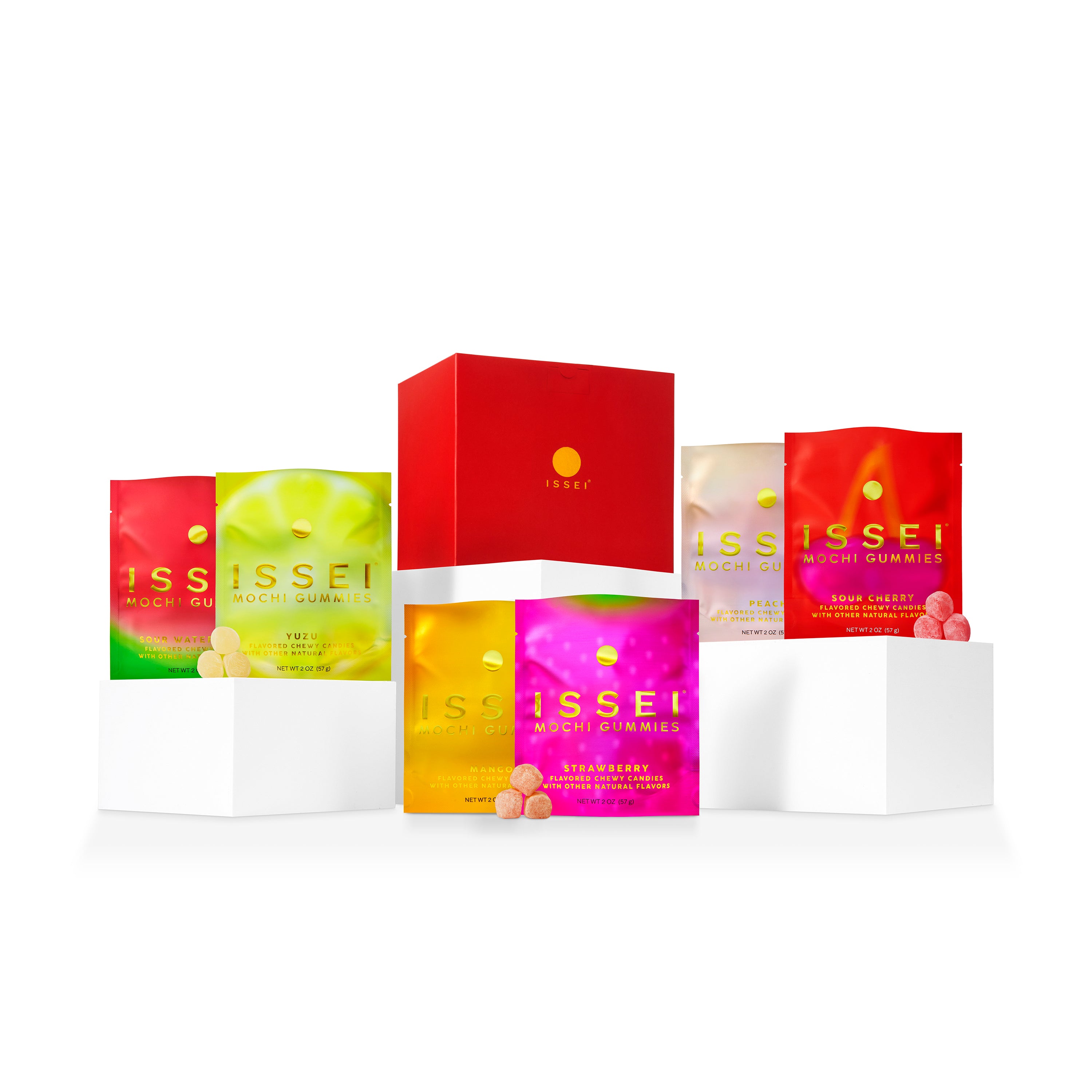 Assorted ISSEI gummy candy packages on a white background